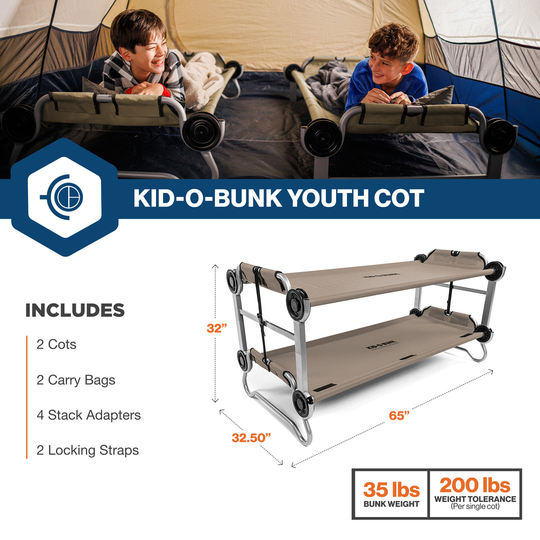 Disc-O-Bed Youth Double Cot Kid-O-Bunk w/ 200 Pound Capacity & Carry Bags, Tan - VMInnovations