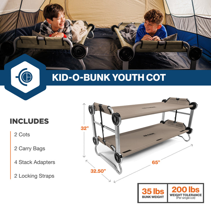 Disc-O-Bed Youth Double Cot Kid-O-Bunk w/ 200 Pound Capacity & Carry Bags, Tan - VMInnovations