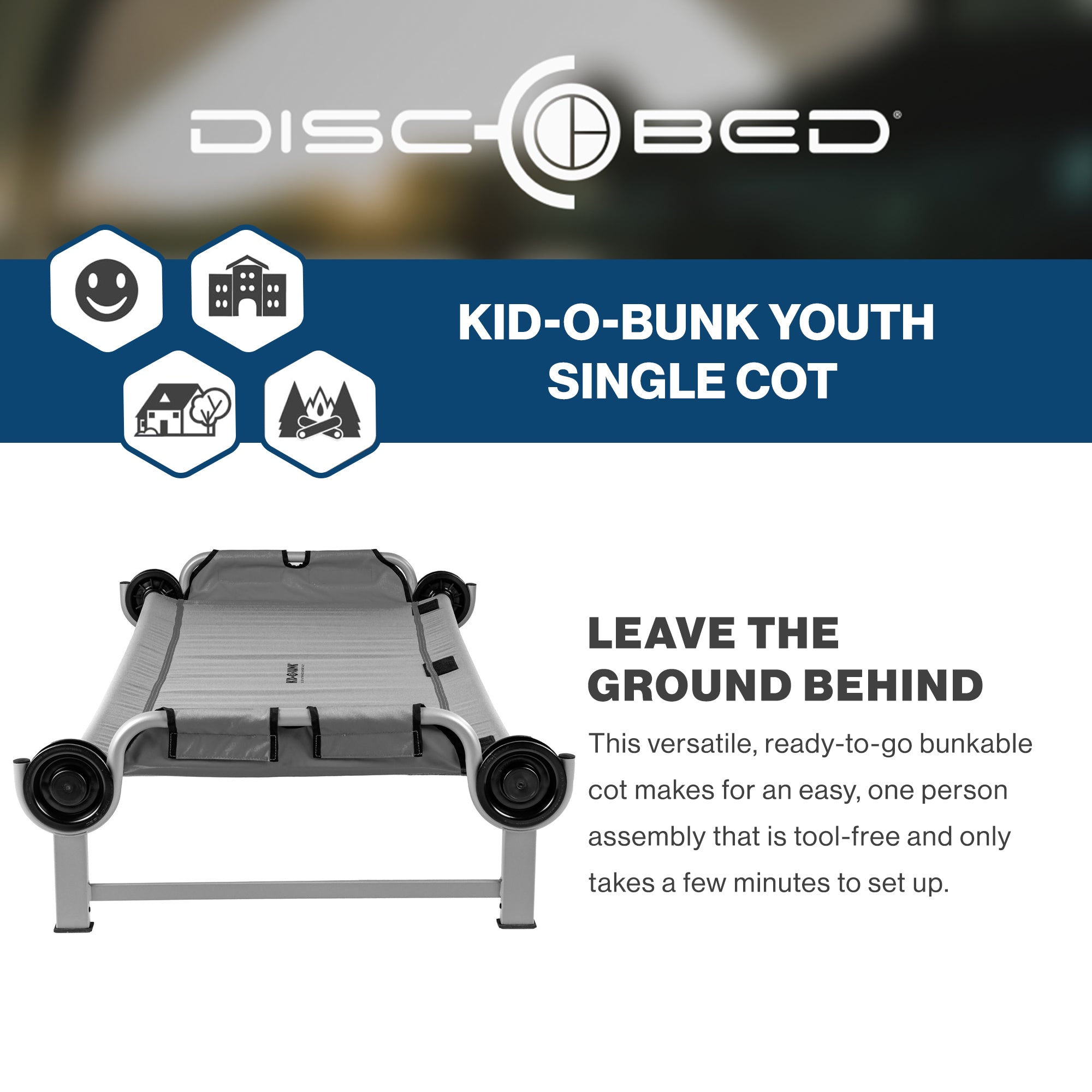 Disc-O-Bed Youth Single Cot Kid-O-Bed, Portable Bunk with Travel Carry Bag, Grey