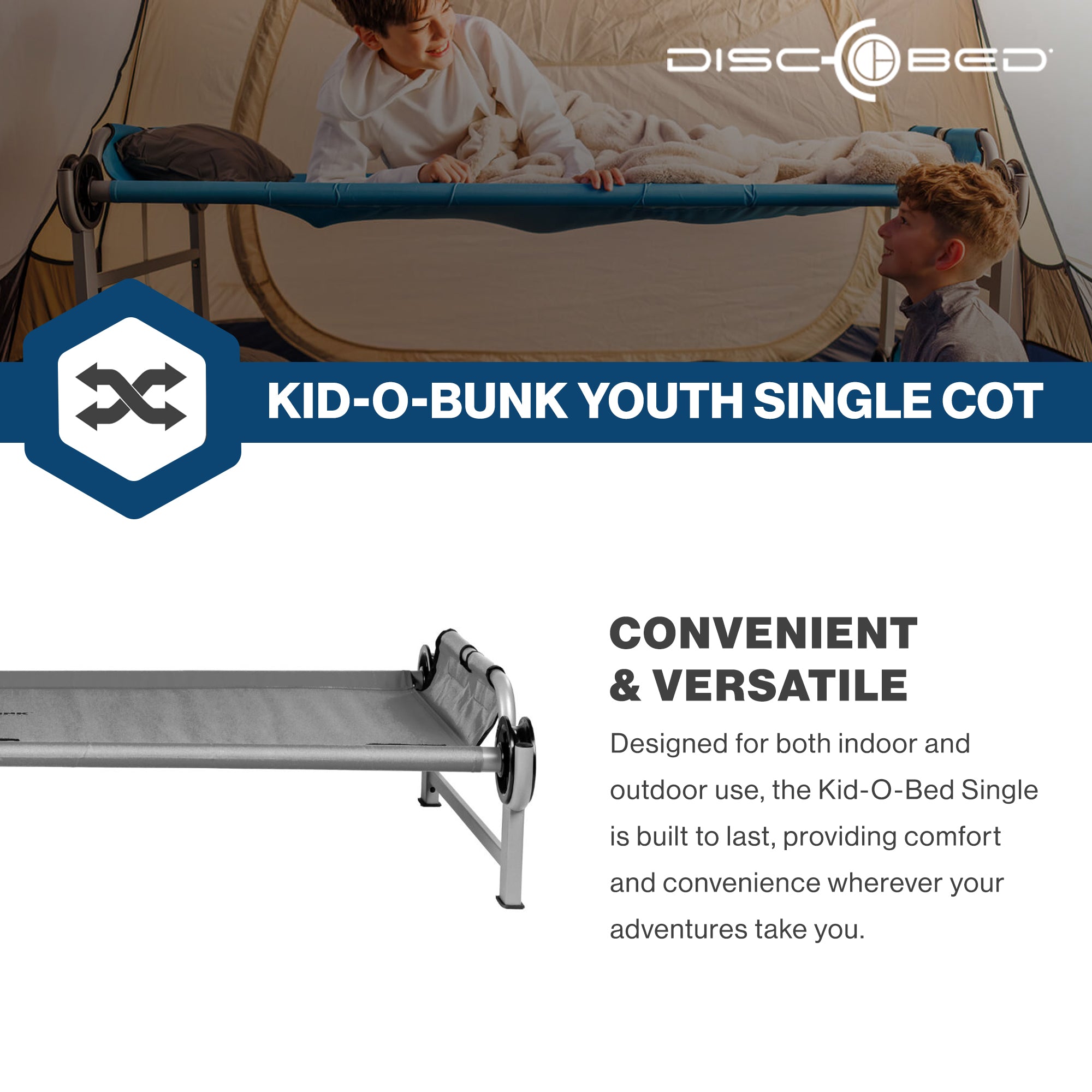Disc-O-Bed Youth Single Cot Kid-O-Bed, Portable Bunk with Travel Carry Bag, Grey
