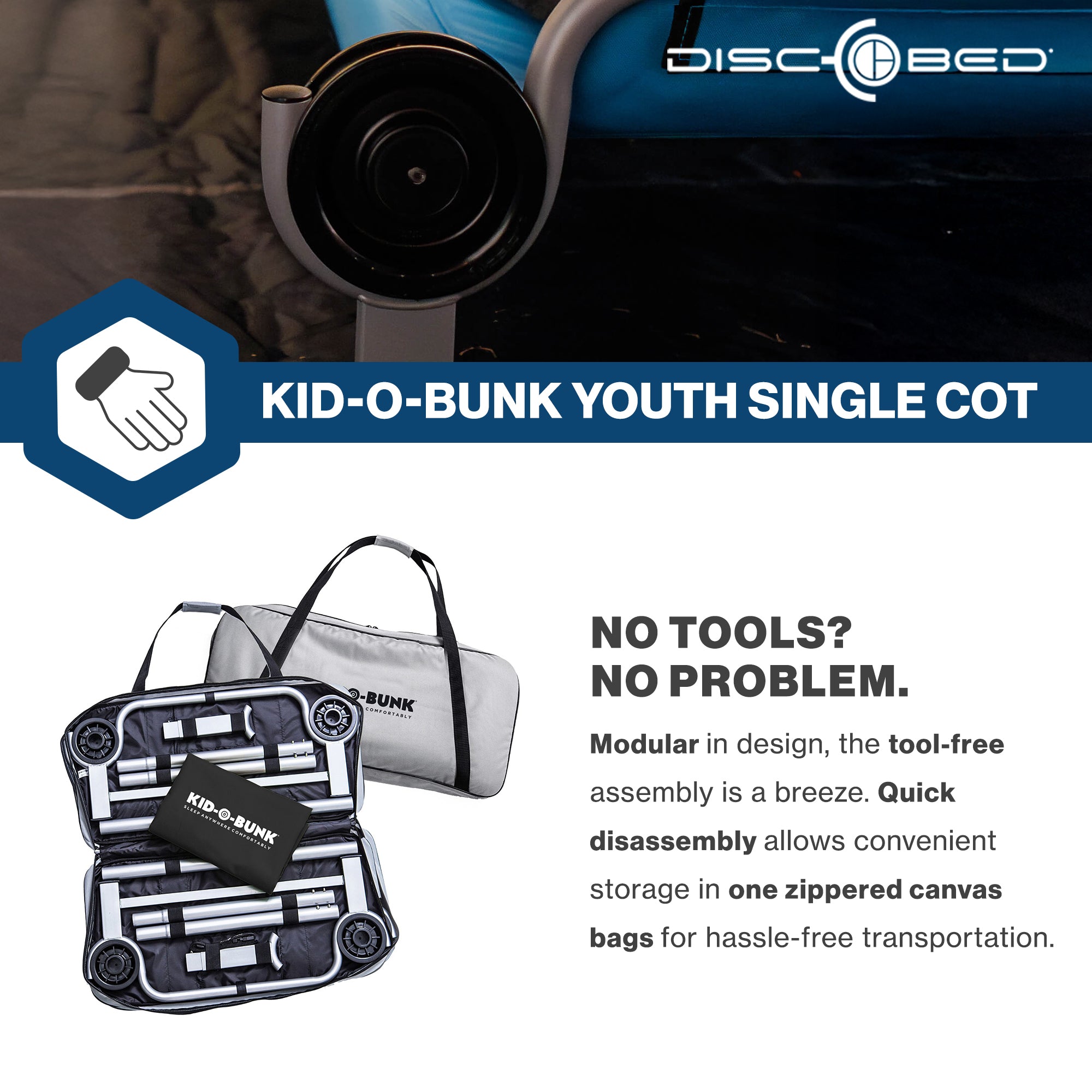 Disc-O-Bed Youth Single Cot Kid-O-Bed, Portable Bunk with Travel Carry Bag, Grey