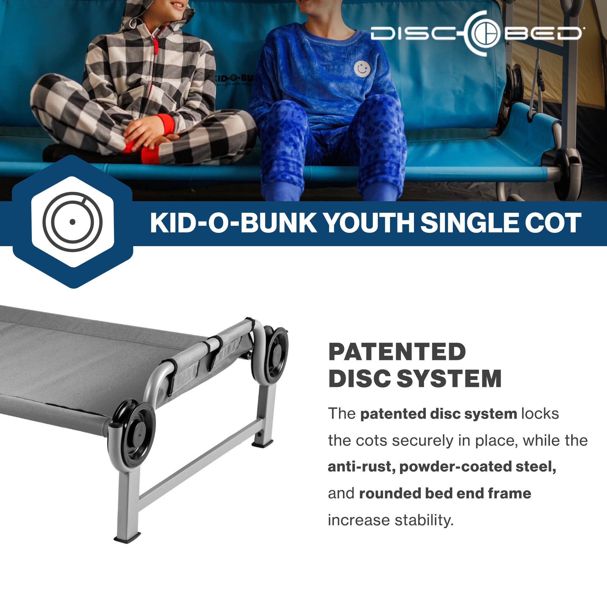Disc-O-Bed Youth Single Cot Kid-O-Bed, Portable Bunk with Travel Carry Bag, Grey