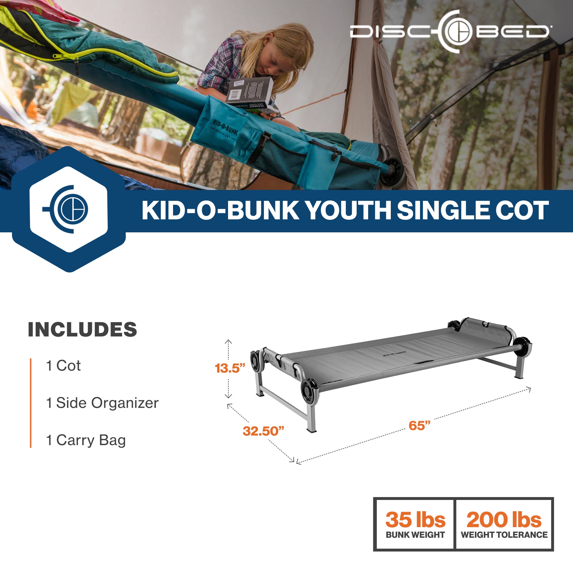 Disc-O-Bed Youth Single Cot Kid-O-Bed, Portable Bunk with Travel Carry Bag, Grey