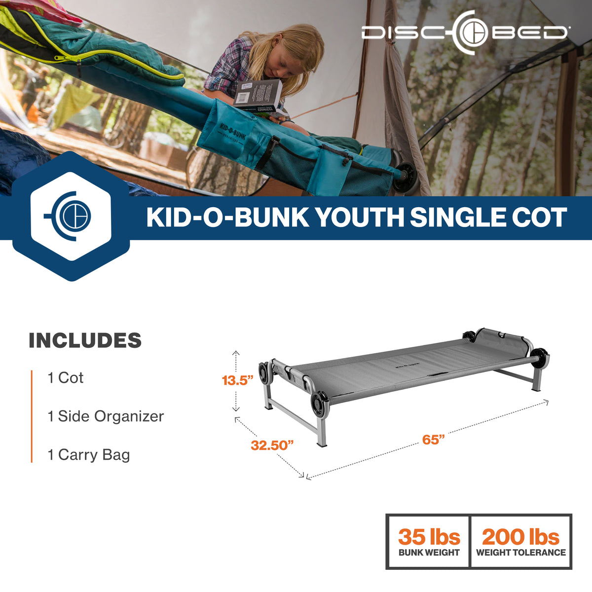 Disc-O-Bed Youth Single Cot Kid-O-Bed, Portable Bunk w/Travel Bag (Open Box)