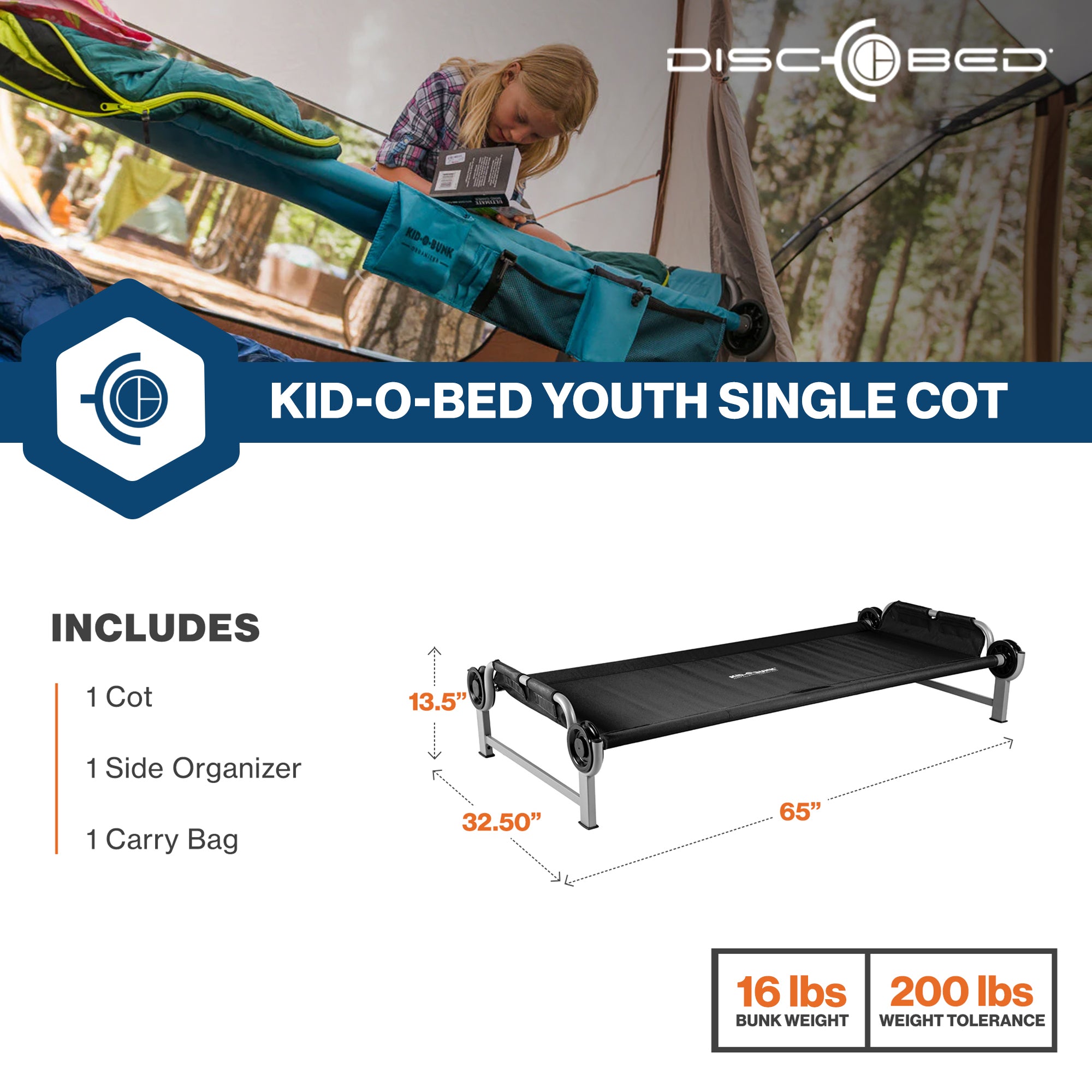 Disc-O-Bed Youth Single Cot Kid-O-Bed w/ Storage Organizer & Carry Bag(Open Box) - VMInnovations