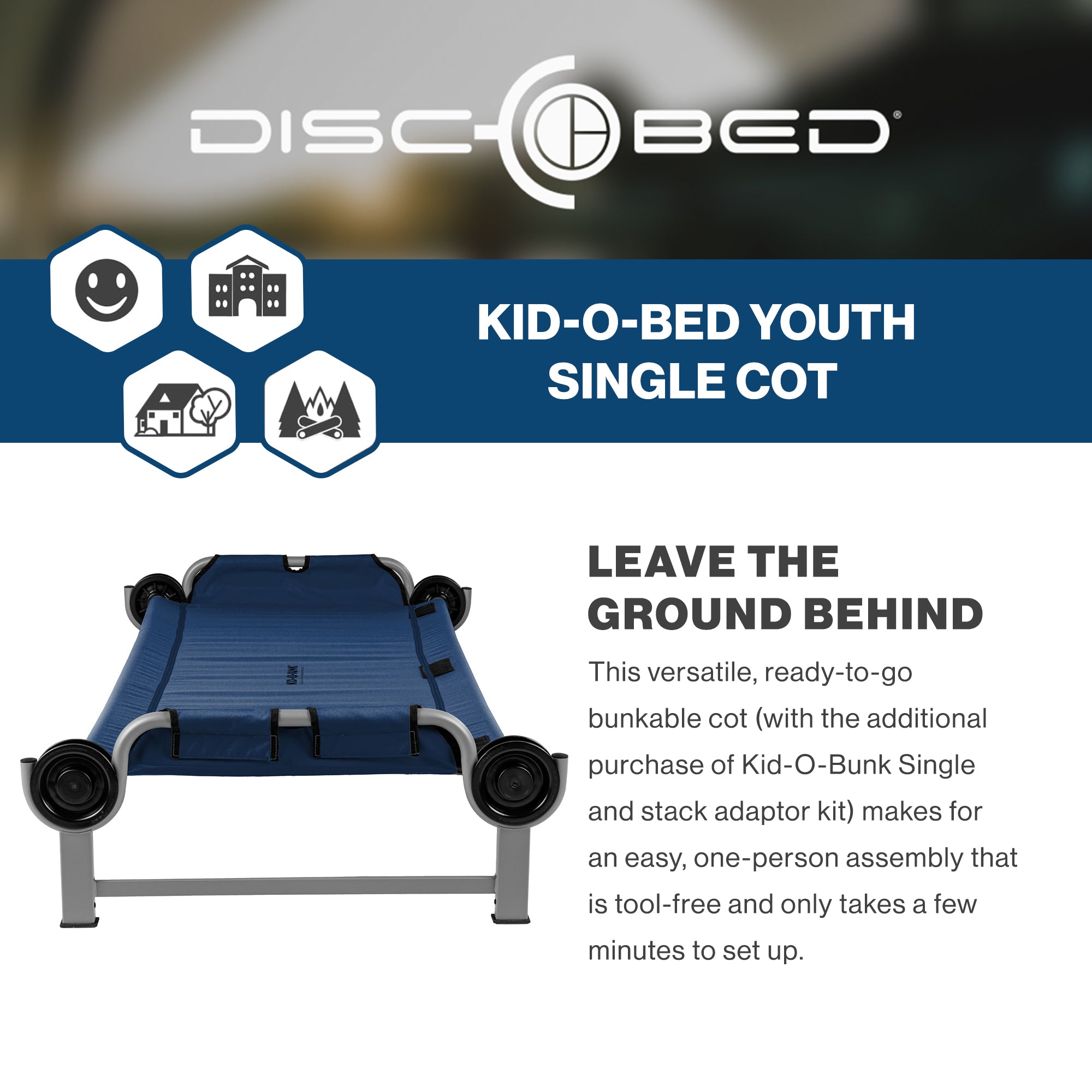 Disc-O-Bed Youth Single Cot Kid-O-Bed, Portable Bunk with Travel Carry Bag, Navy