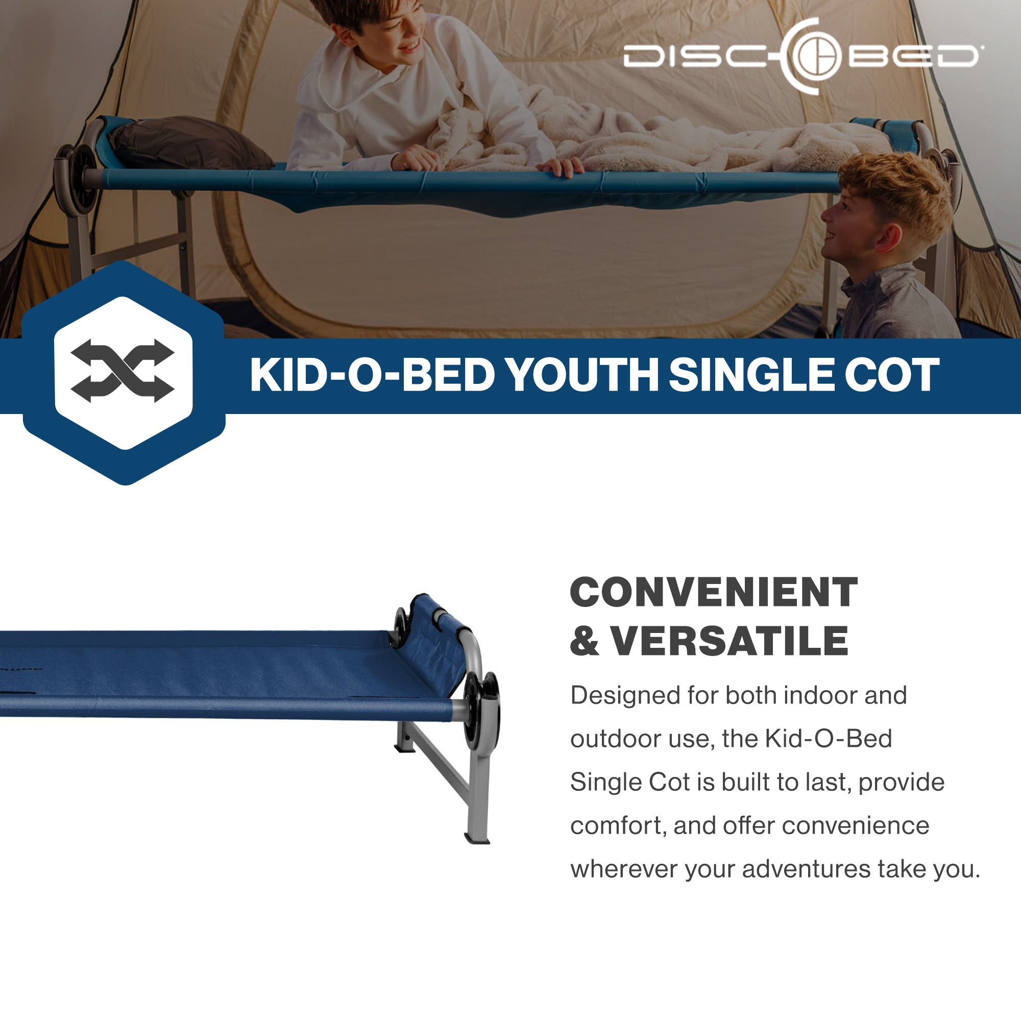 Disc-O-Bed Youth Single Cot Kid-O-Bed, Portable Bunk with Travel Carry Bag, Navy