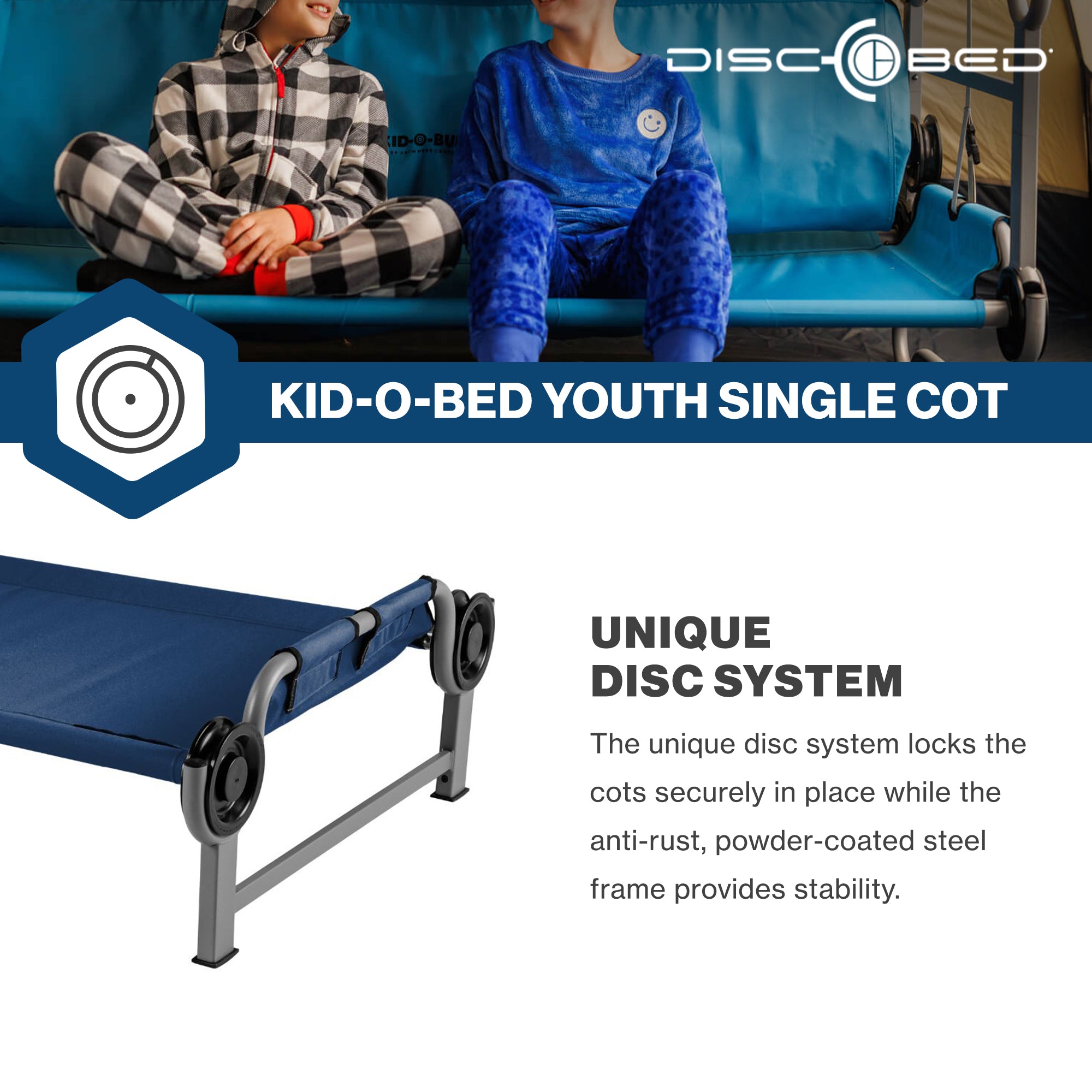 Disc-O-Bed Youth Single Cot Kid-O-Bed, Portable Bunk with Travel Carry Bag, Navy