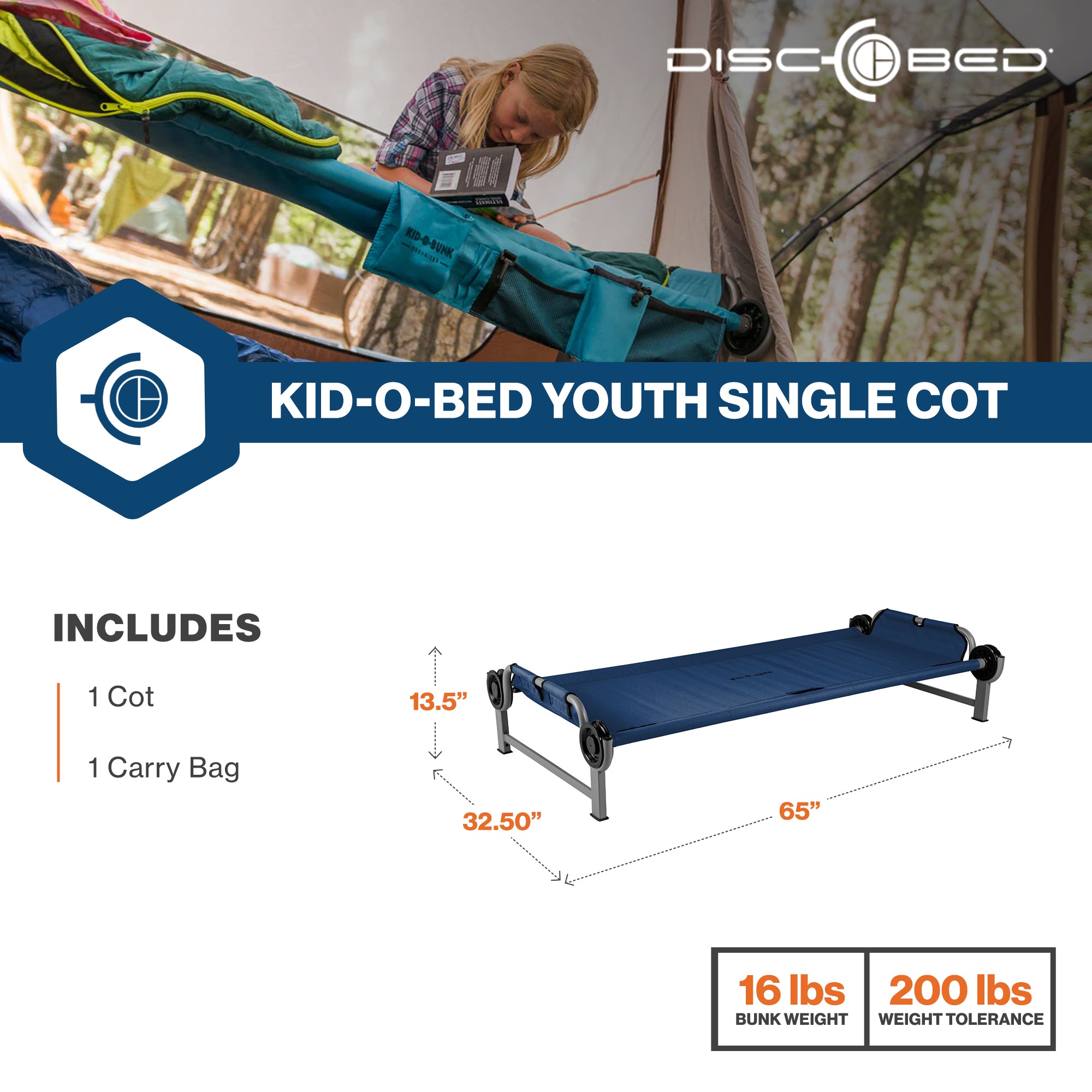 Disc-O-Bed Youth Single Cot Kid-O-Bed, Portable Bunk with Travel Carry Bag, Navy
