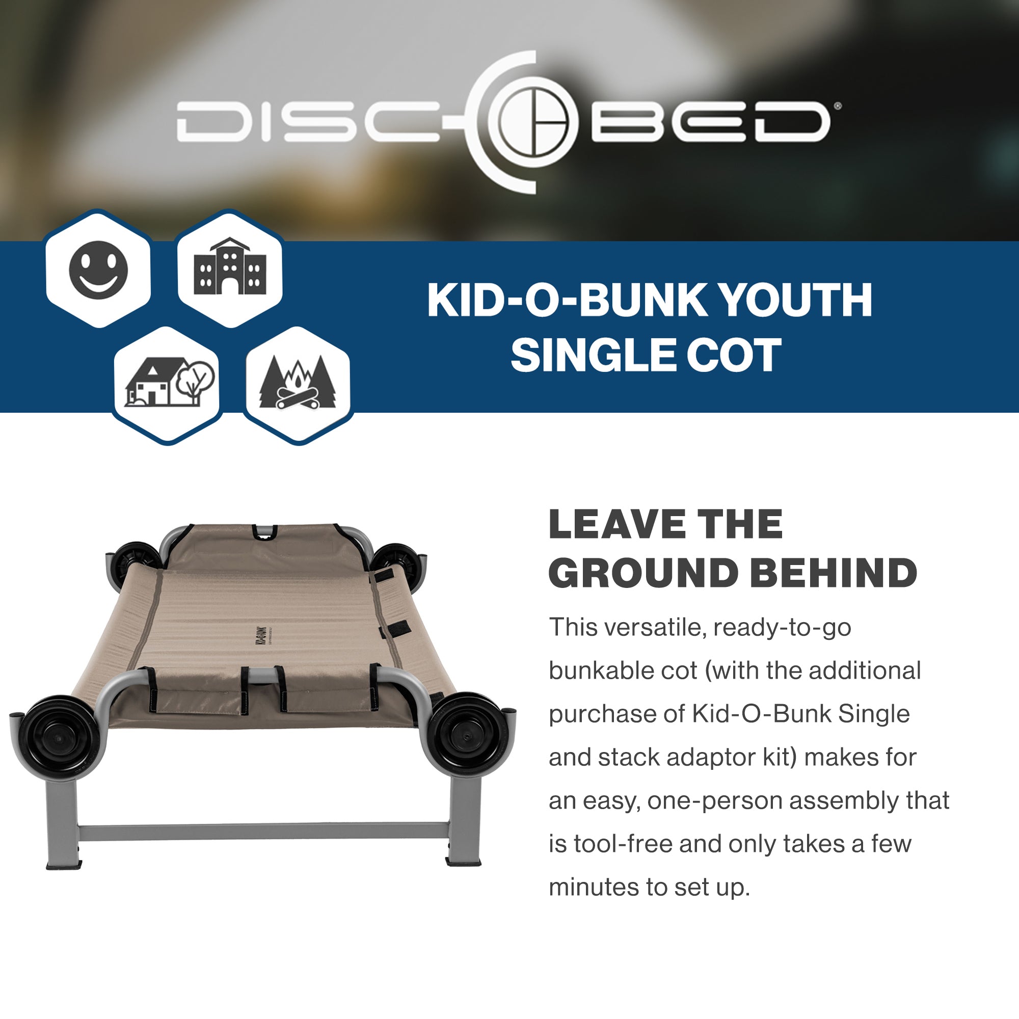 Disc-O-Bed Youth Single Cot Kid-O-Bed, Portable Bunk with Travel Carry Bag, Tan - VMInnovations