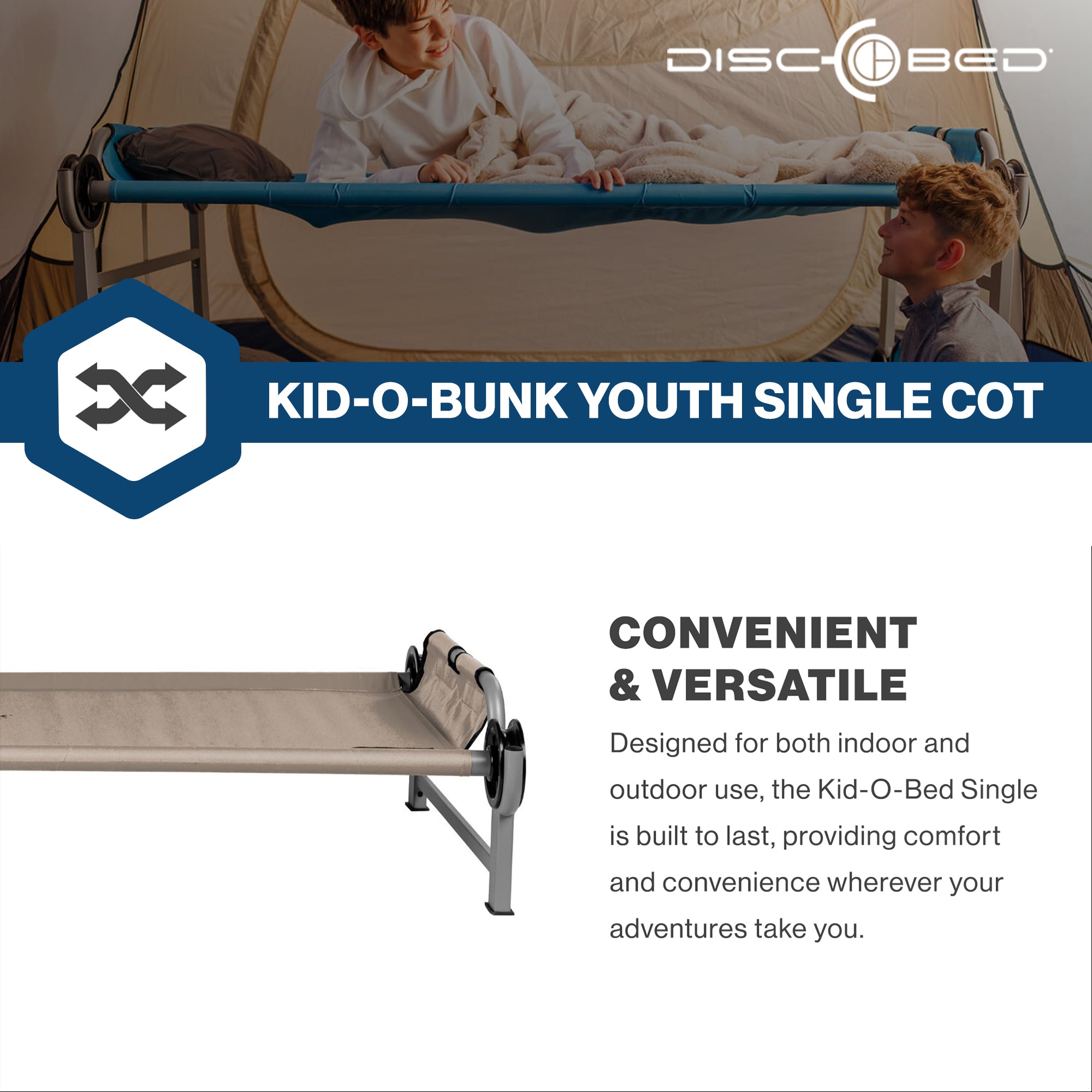 Disc-O-Bed Youth Single Cot Kid-O-Bed, Portable Bunk with Travel Carry Bag, Tan - VMInnovations