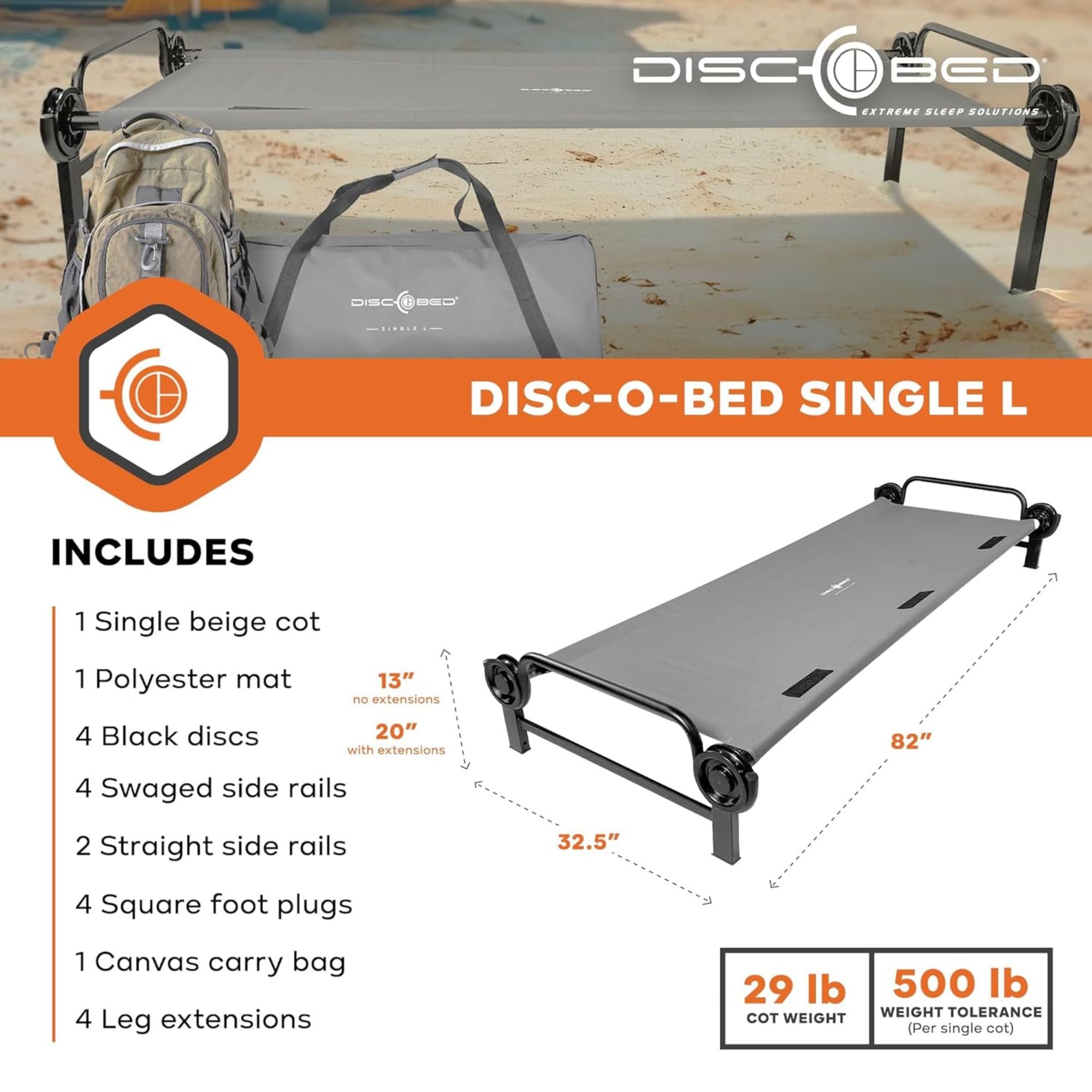 Disc-O-Bed Single Cot, Portable Sleep Solution for Tents, Grey, Large (Open Box) - VMInnovations