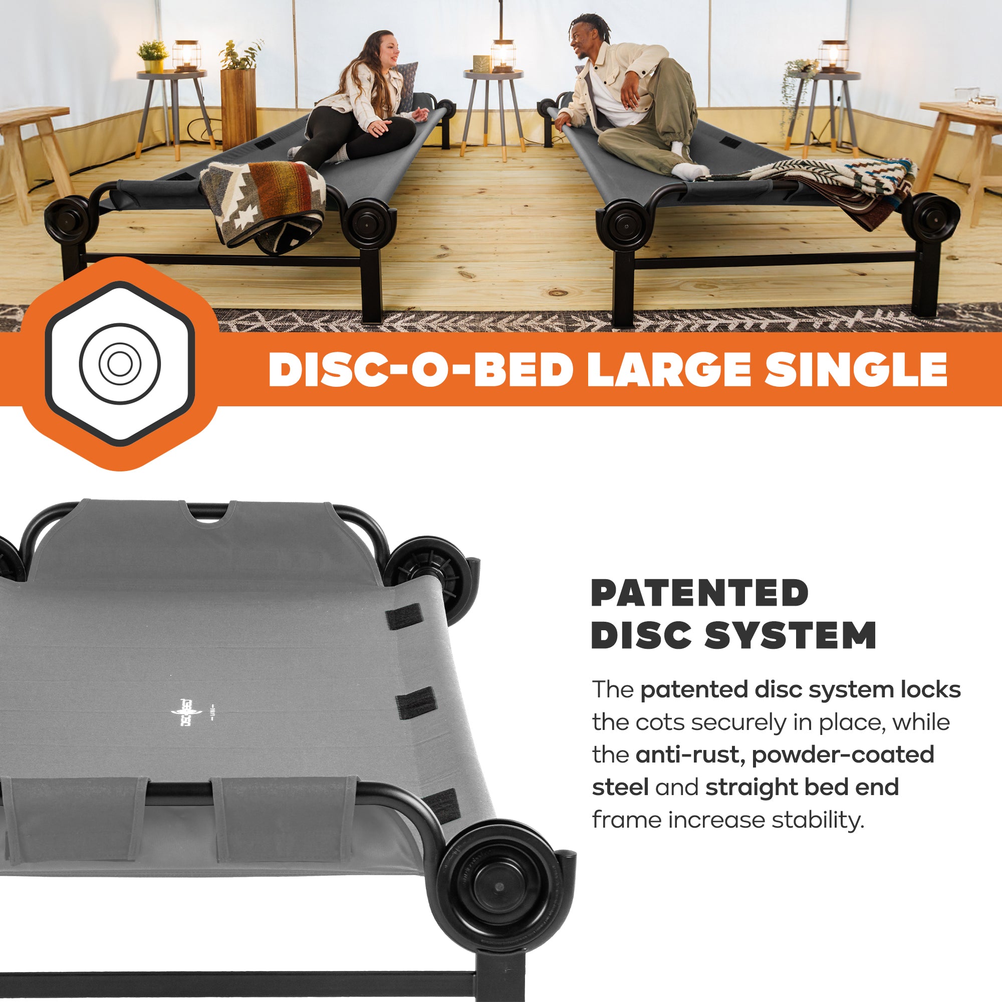 Disc-O-Bed Single Cot, Portable Sleep Solution for Tents & Cabins, Grey, Large - VMInnovations