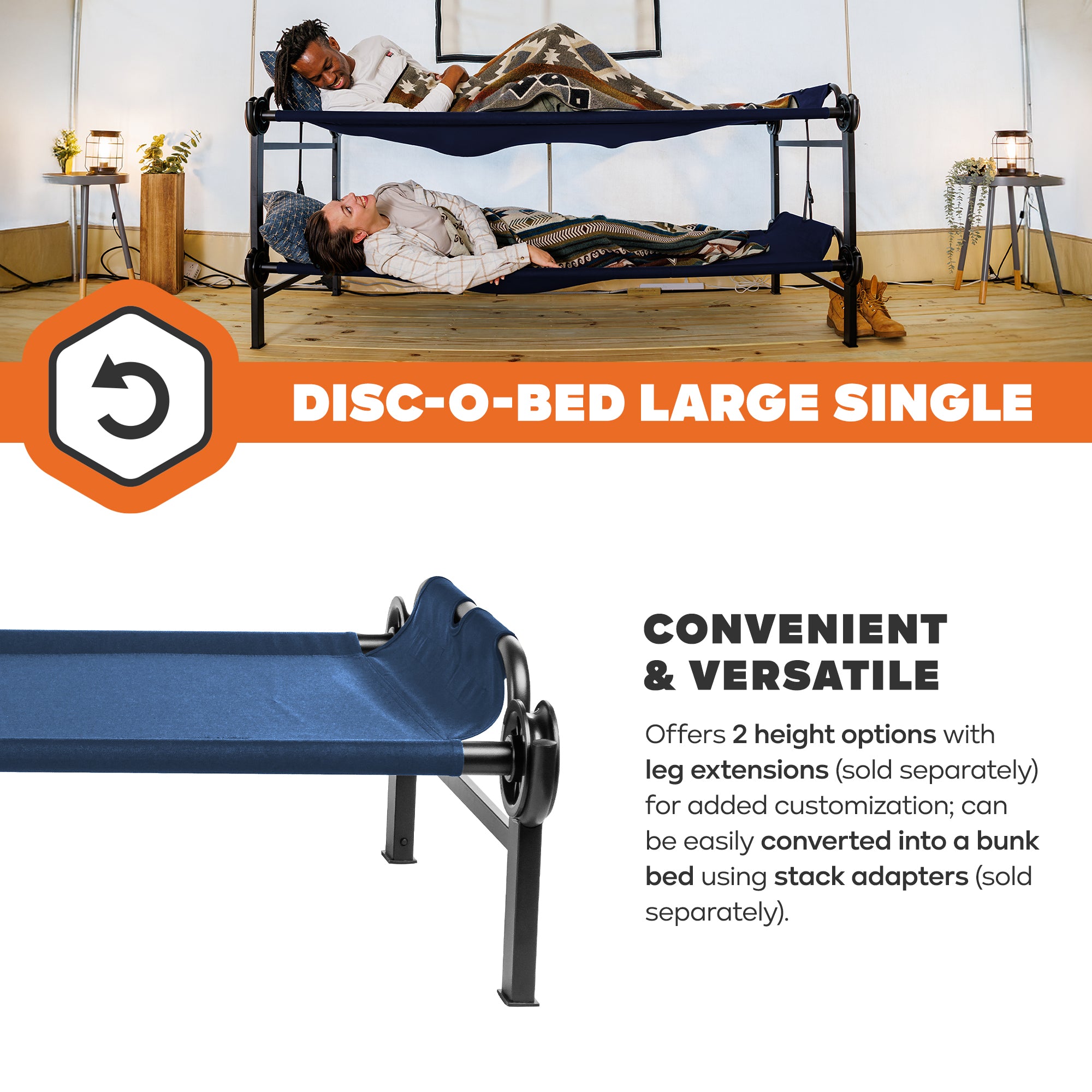 Disc-O-Bed Single Cot, Portable Sleep Solution for Tents & Cabins, Navy, Large