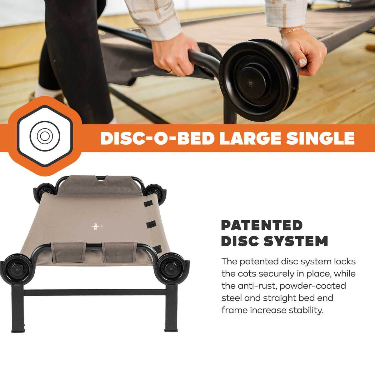 Disc-O-Bed Single Cot, Portable Sleep Solution for Tents & Cabins, Tan, Large