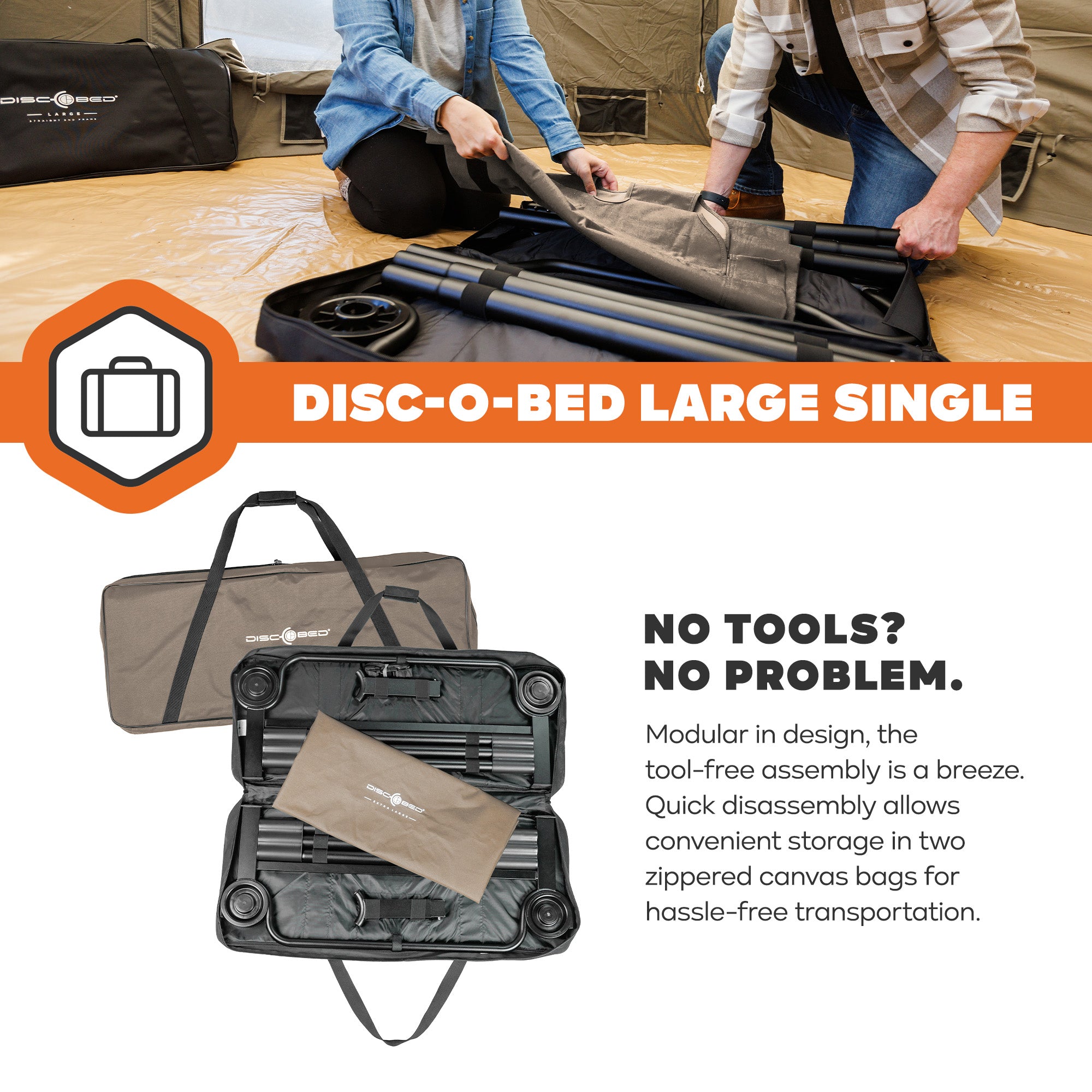 Disc-O-Bed Single Cot, Portable Sleep Solution for Tents & Cabins, Tan, Large - VMInnovations