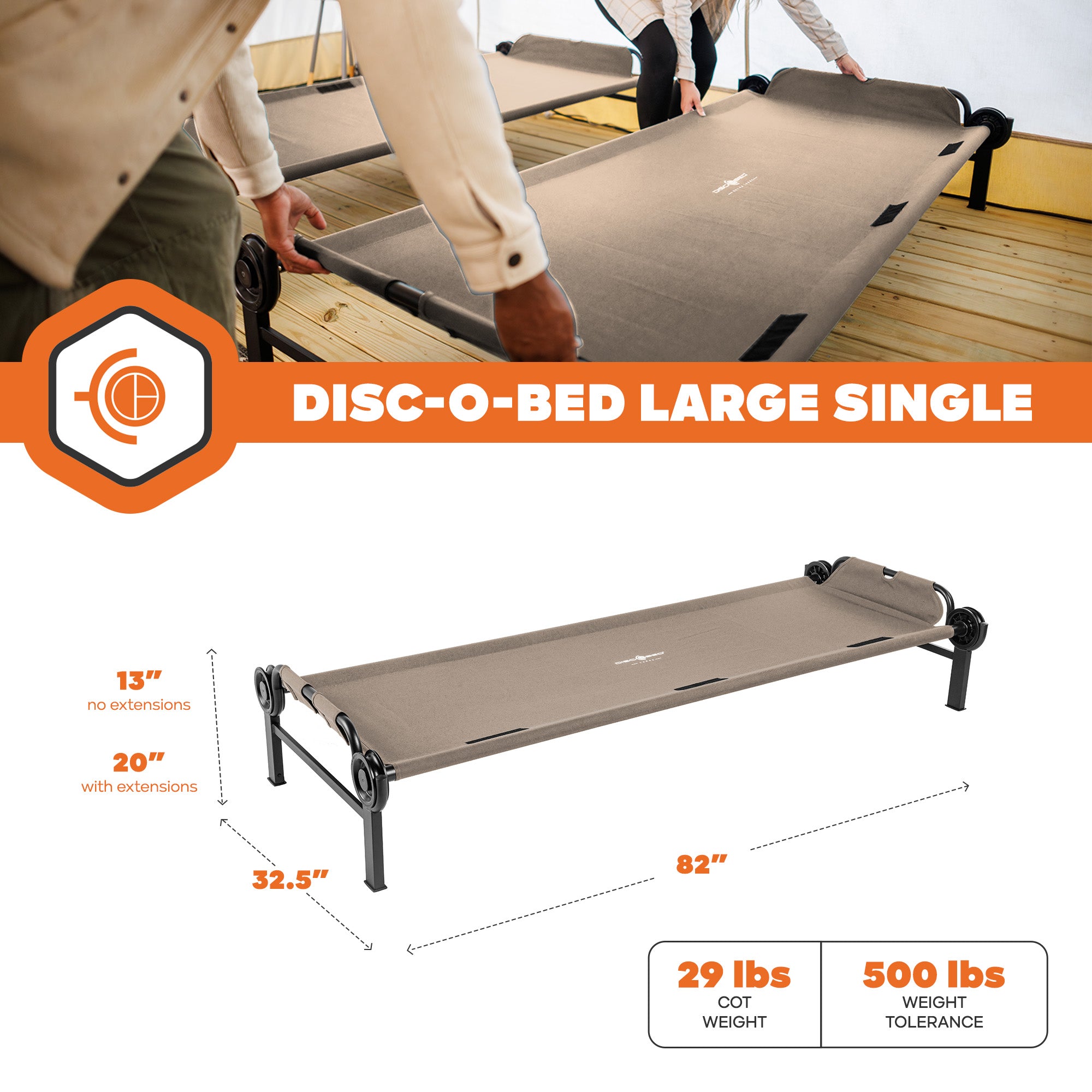 Disc-O-Bed Single Cot, Portable Sleep Solution for Tents & Cabins, Tan, Large - VMInnovations