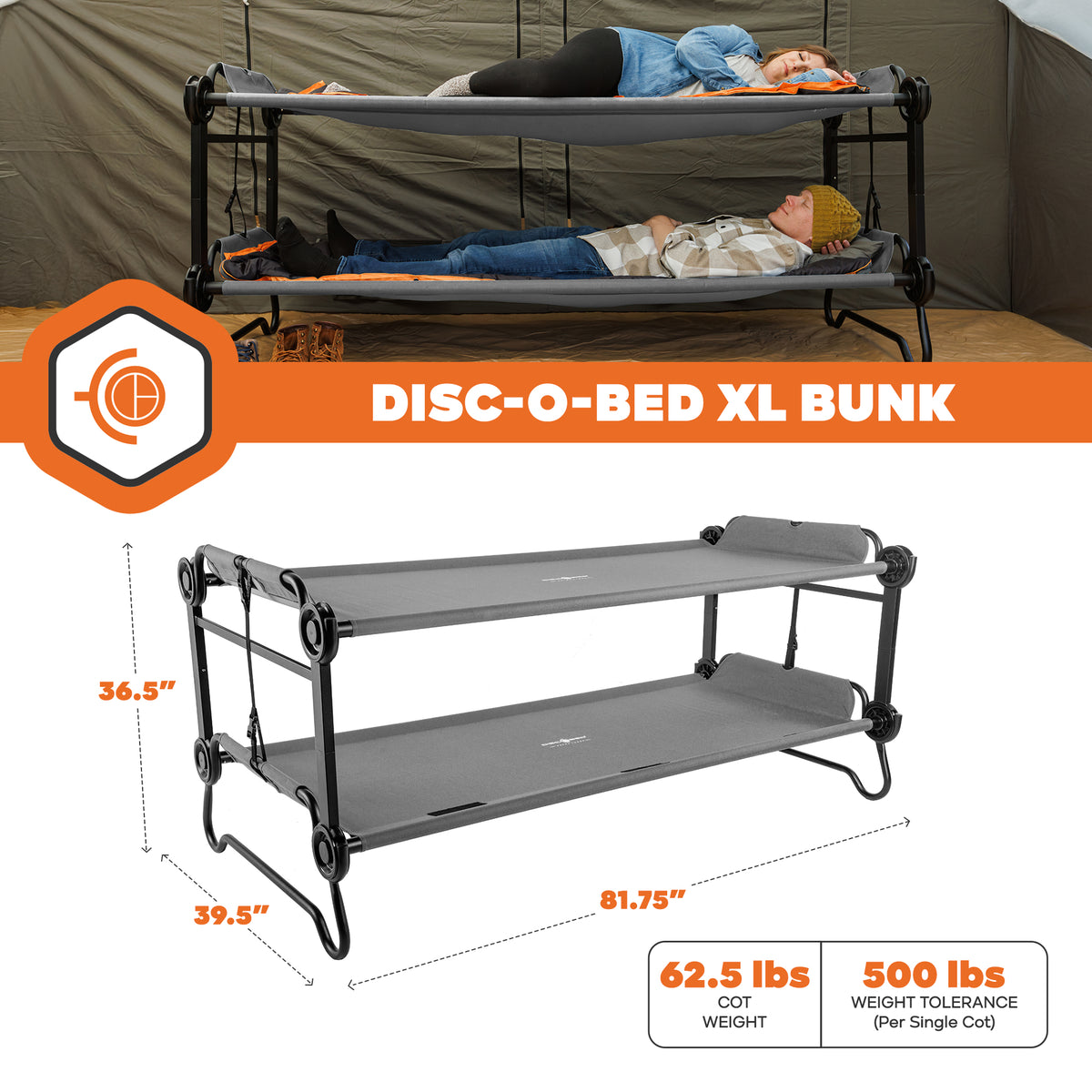 Disc-O-Bed Double Cot, Portable Sleep Solution for Tents & Cabins, Grey, XL