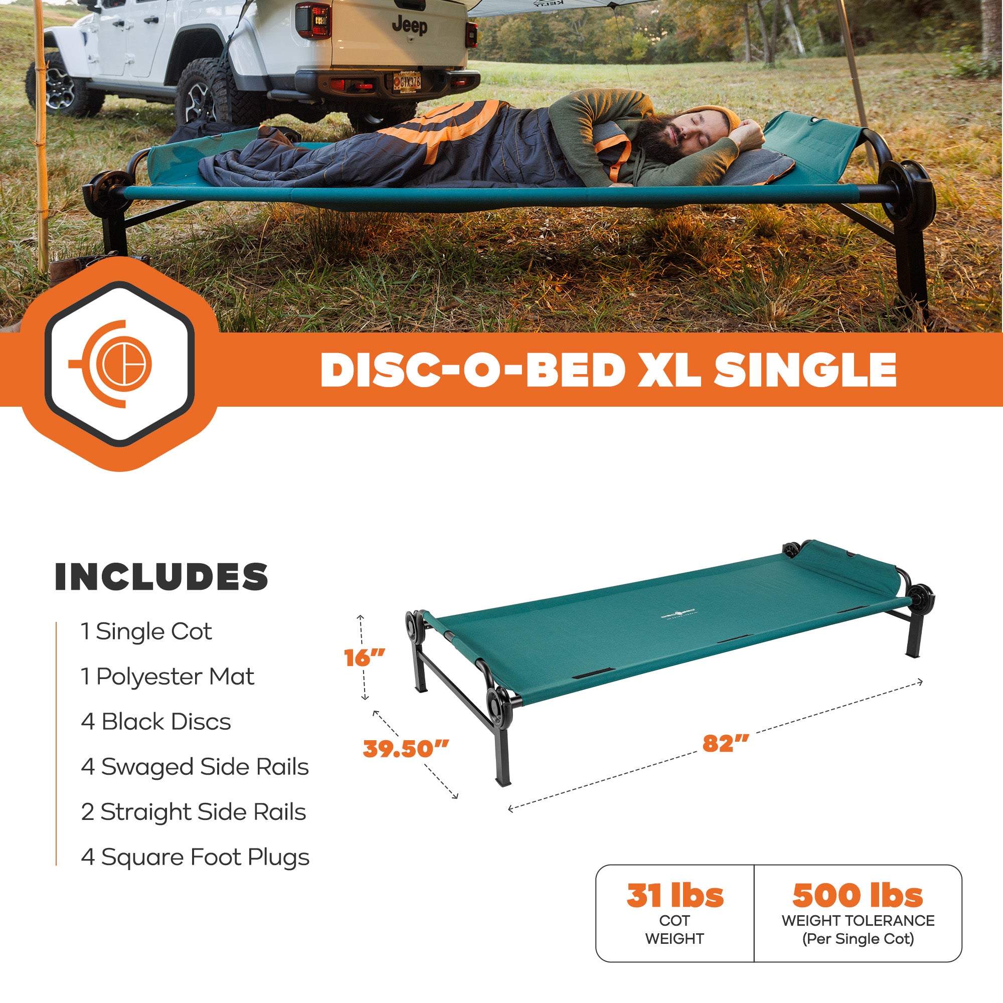 Disc-O-Bed Single Cot, Portable Sleep Solution for Tents & Cabins, Green, XL