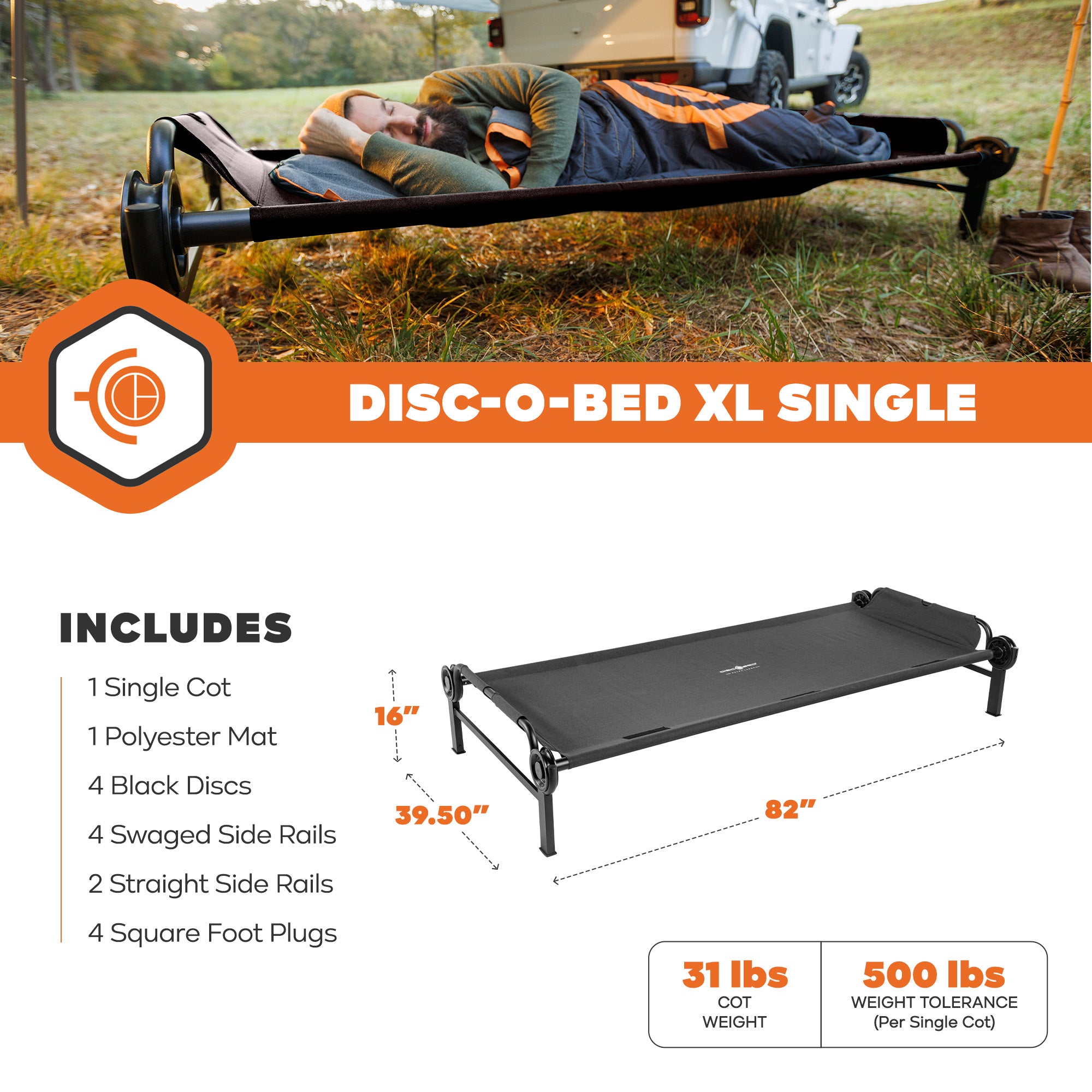 Disc-O-Bed Single Cot, Portable Sleep Solution for Tents & Cabins, Black, XL - VMInnovations