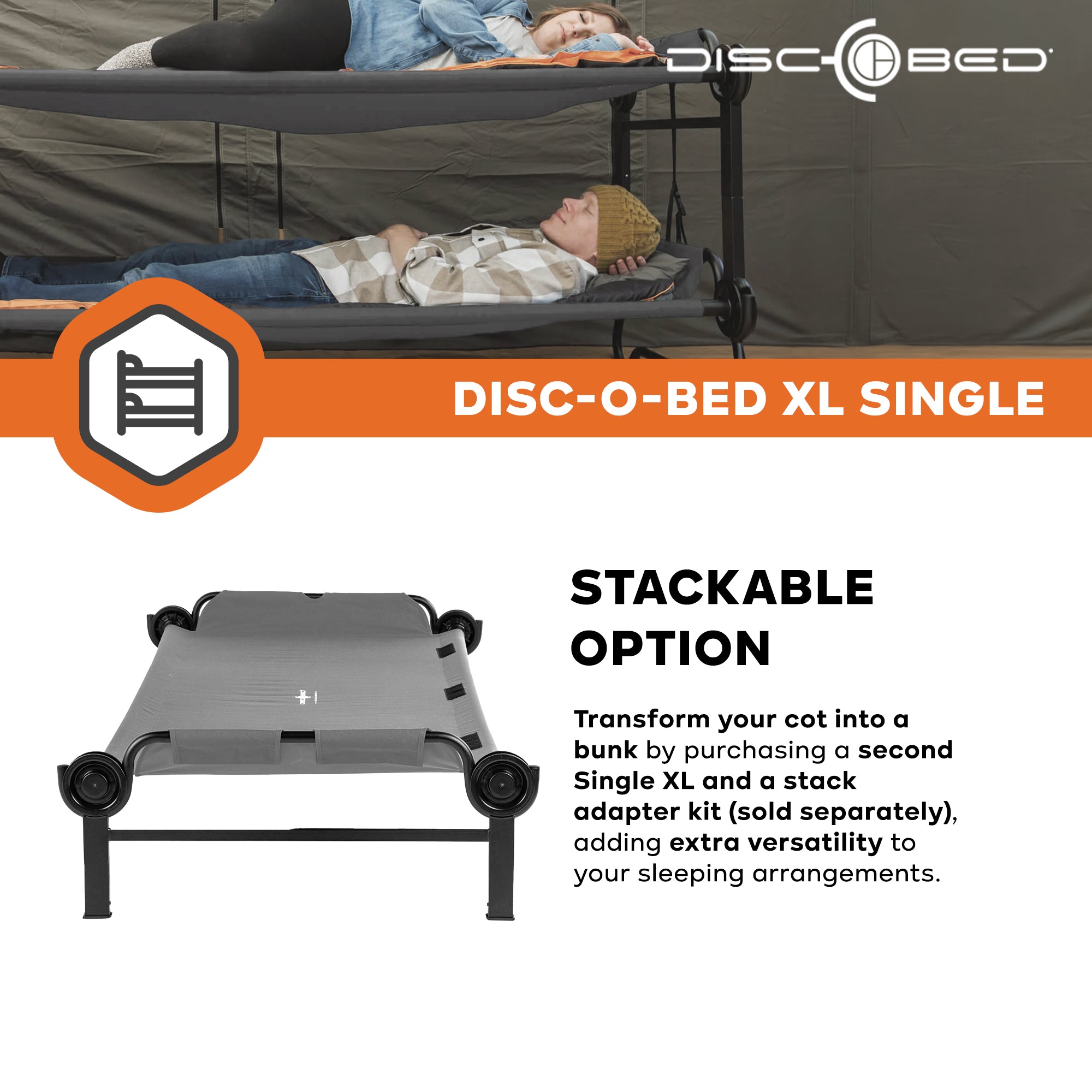 Disc-O-Bed Single Cot, Portable Sleep Solution for Tents & Cabins, Grey, XL