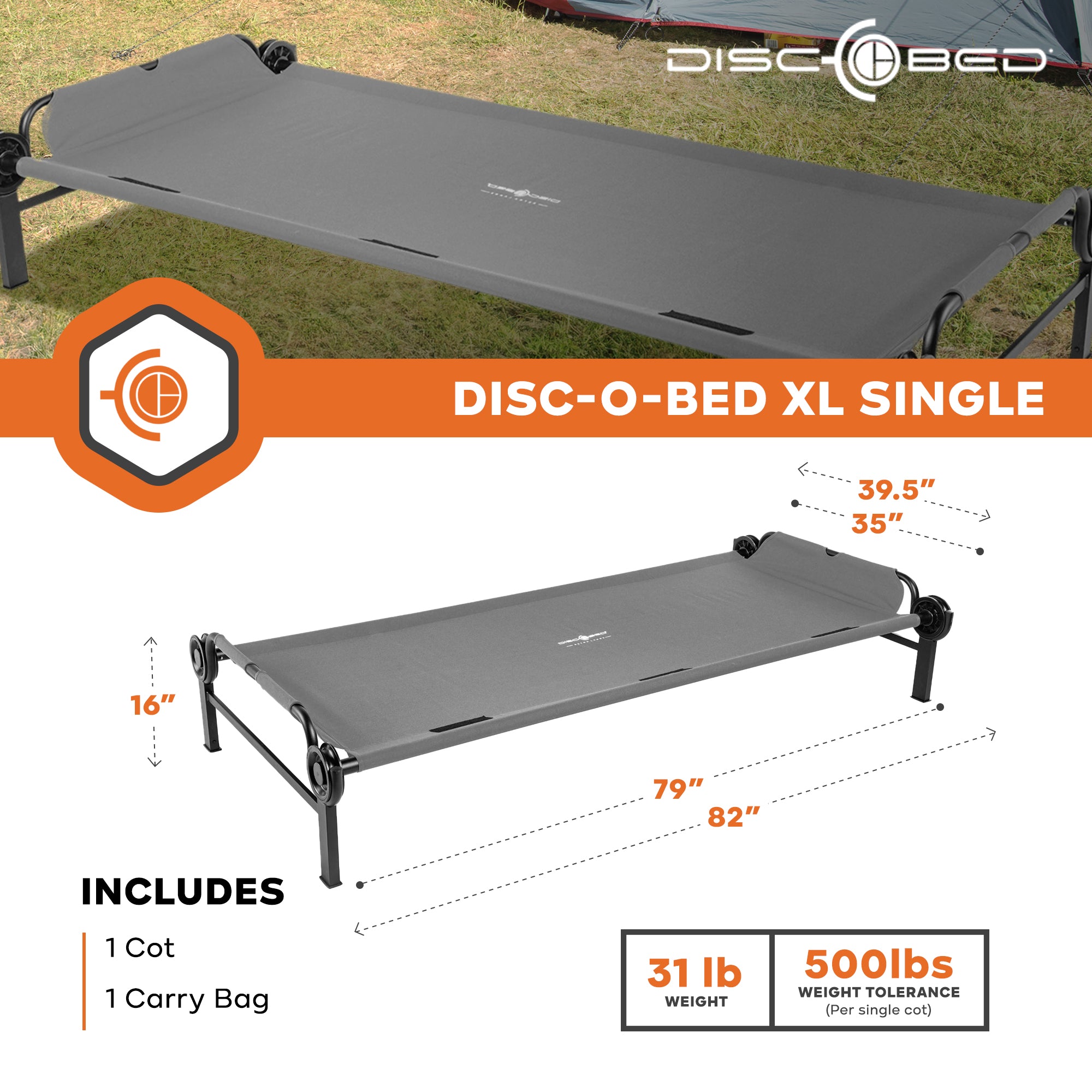 Disc-O-Bed Single Cot, Portable Sleep Solution for Tents & Cabins, Grey, XL