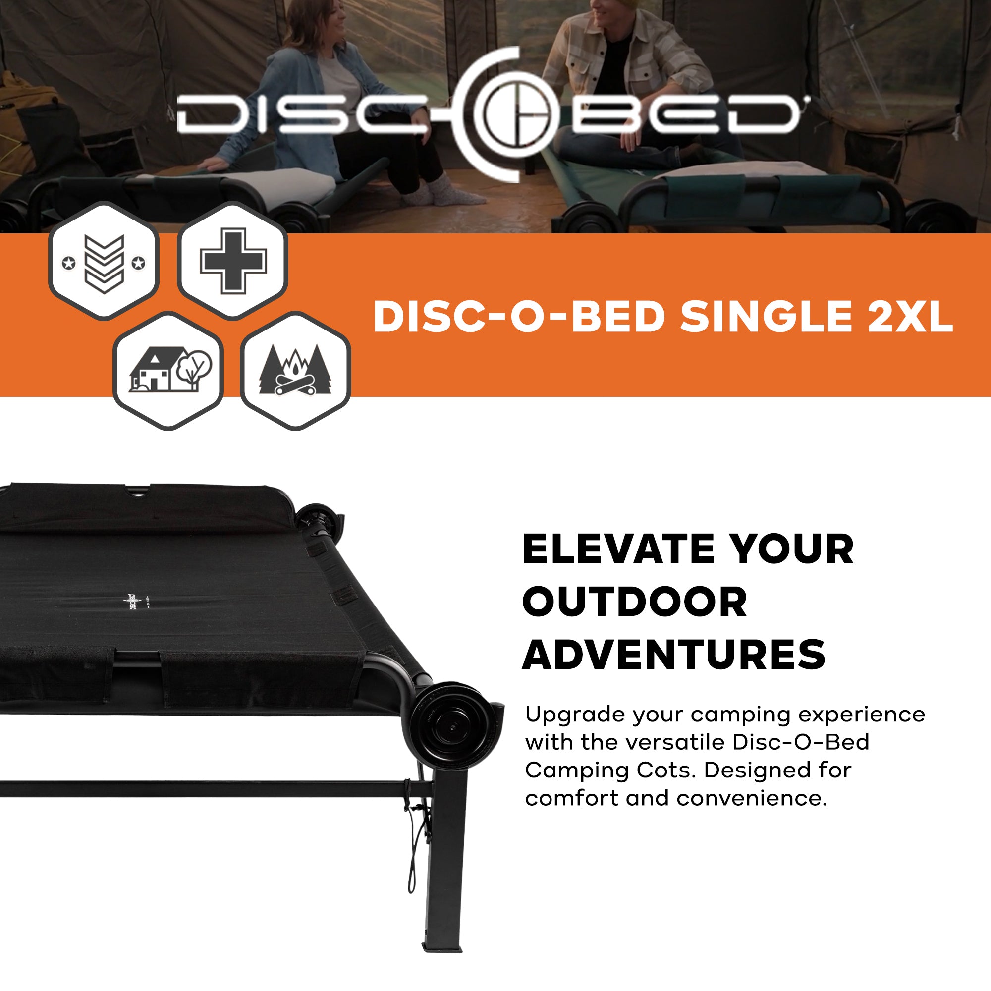 Disc-O-Bed Single Cot, Portable Sleep Solution for Tents, Cabins, Black, 2XL - VMInnovations