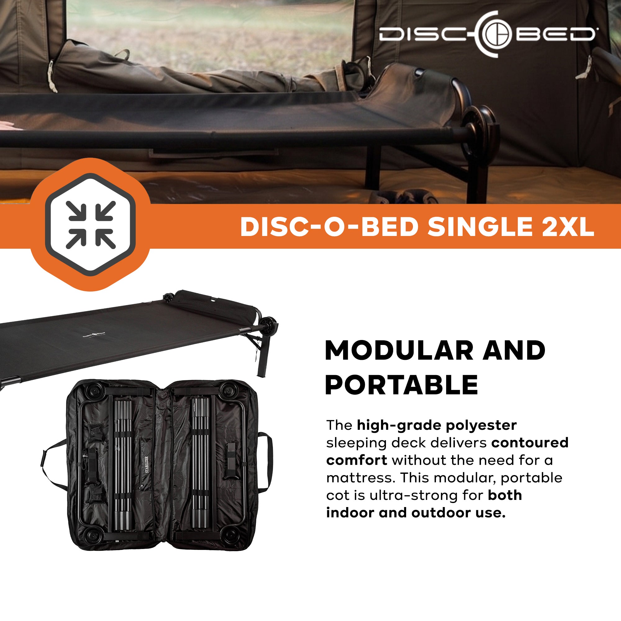 Disc-O-Bed Single Cot, Portable Sleep Solution for Tents, Cabins, Black, 2XL - VMInnovations