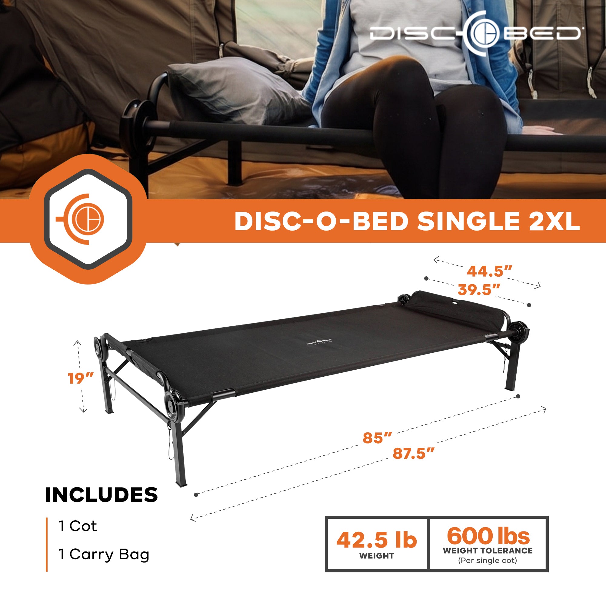 Disc-O-Bed Single Cot, Portable Sleep Solution for Tents, Cabins, Black, 2XL - VMInnovations