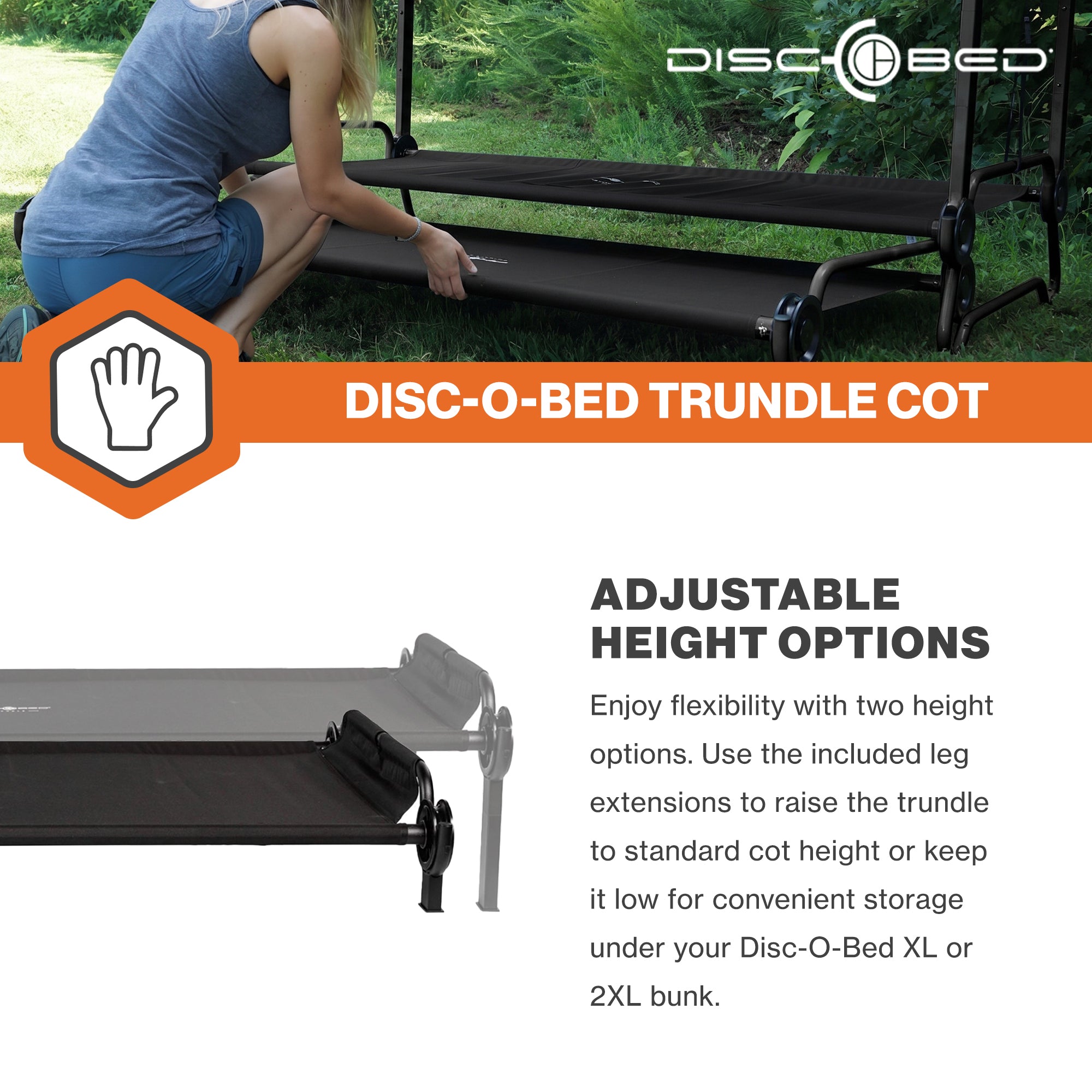 Disc-O-Bed Trundle Cot for XL or 2XL Bunk System with Zippered Carry Bag, Black - VMInnovations