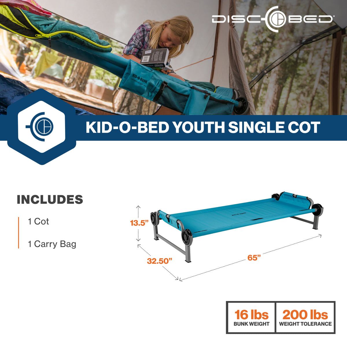 Disc-O-Bed Youth Single Cot Kid-O-Bed, Portable Bunk with Travel Carry Bag, Teal