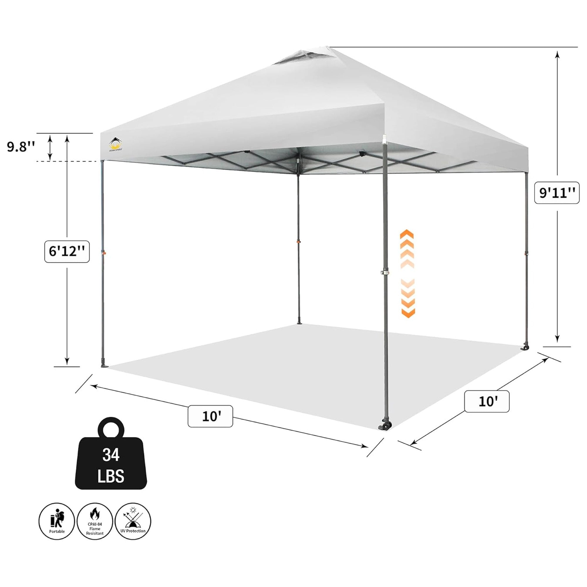 Crown Shades Pop Up Canopy, 10x10 ft Adjustable Tent w/Push Setup, White (Used) - VMInnovations