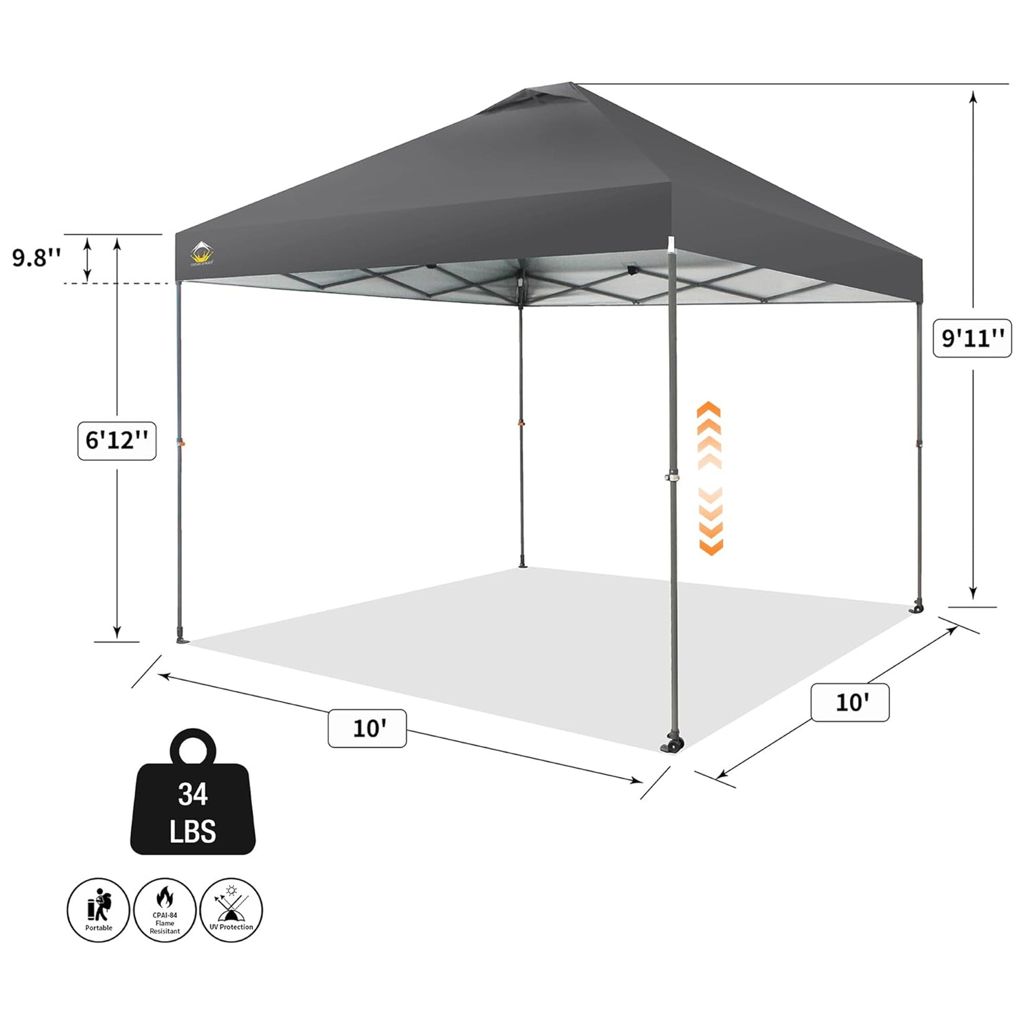 Crown Shades Pop Up Canopy, 10x10 ft Adjustable Tent with One Push Setup, Grey (Used) - VMInnovations