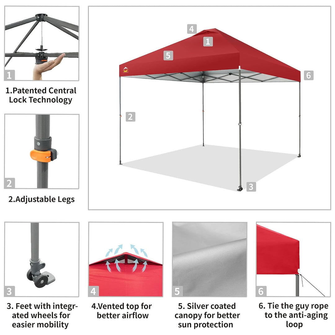 Crown Shades Pop Up Canopy, 10x10 ft Adjustable Tent with One Push Setup, Red (Used) - VMInnovations