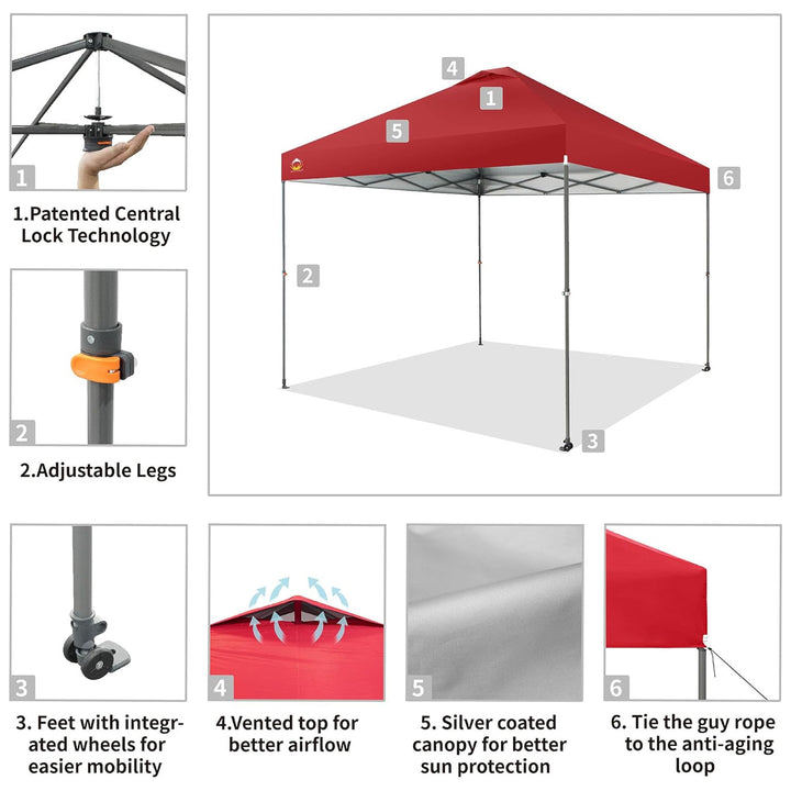 Crown Shades Pop Up Canopy, 10x10 ft Adjustable Tent with One Push Setup, Red (Used) - VMInnovations
