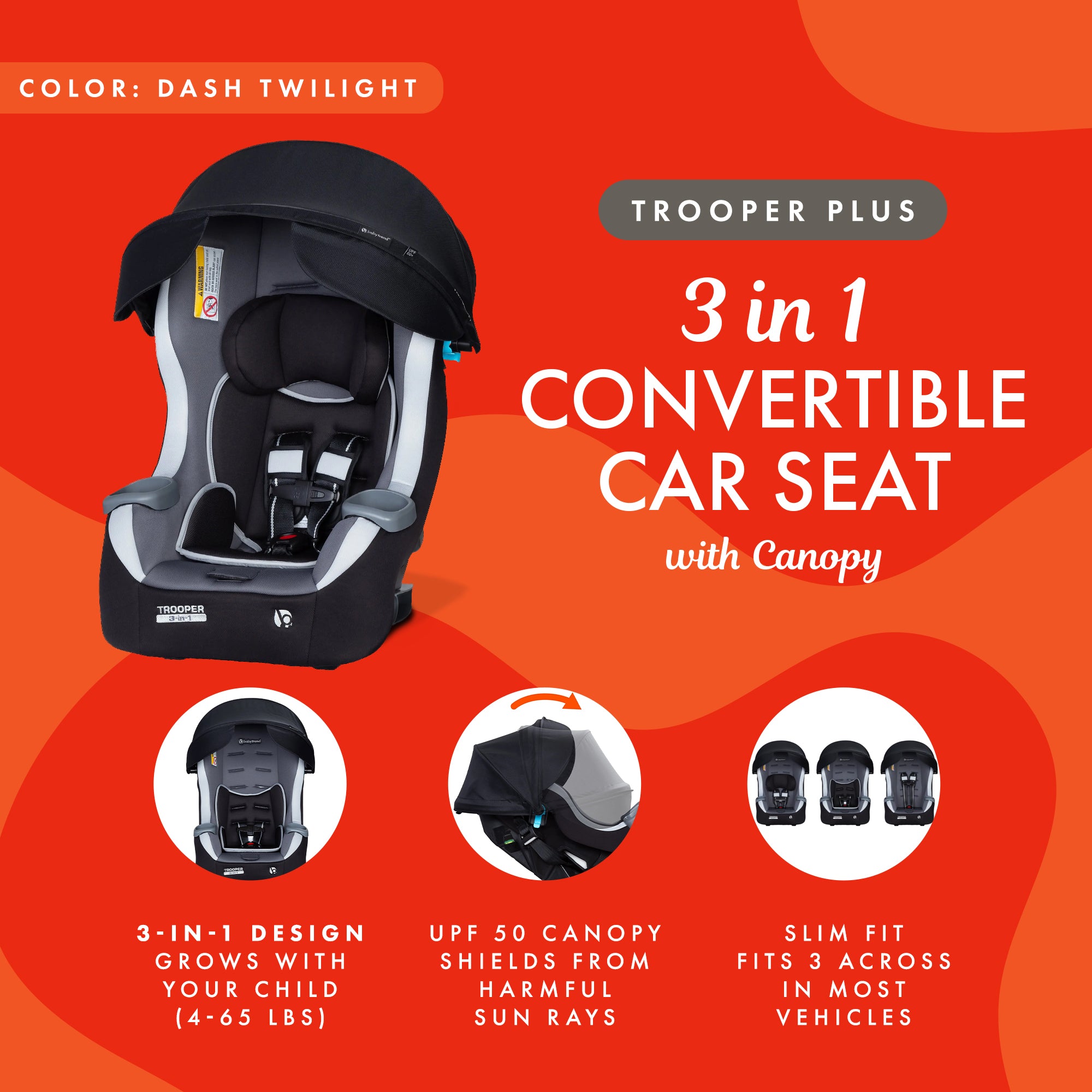 Baby Trend Trooper Plus 3-in-1 Convertible Car Seat with Canopy, Dash Twilight - VMInnovations