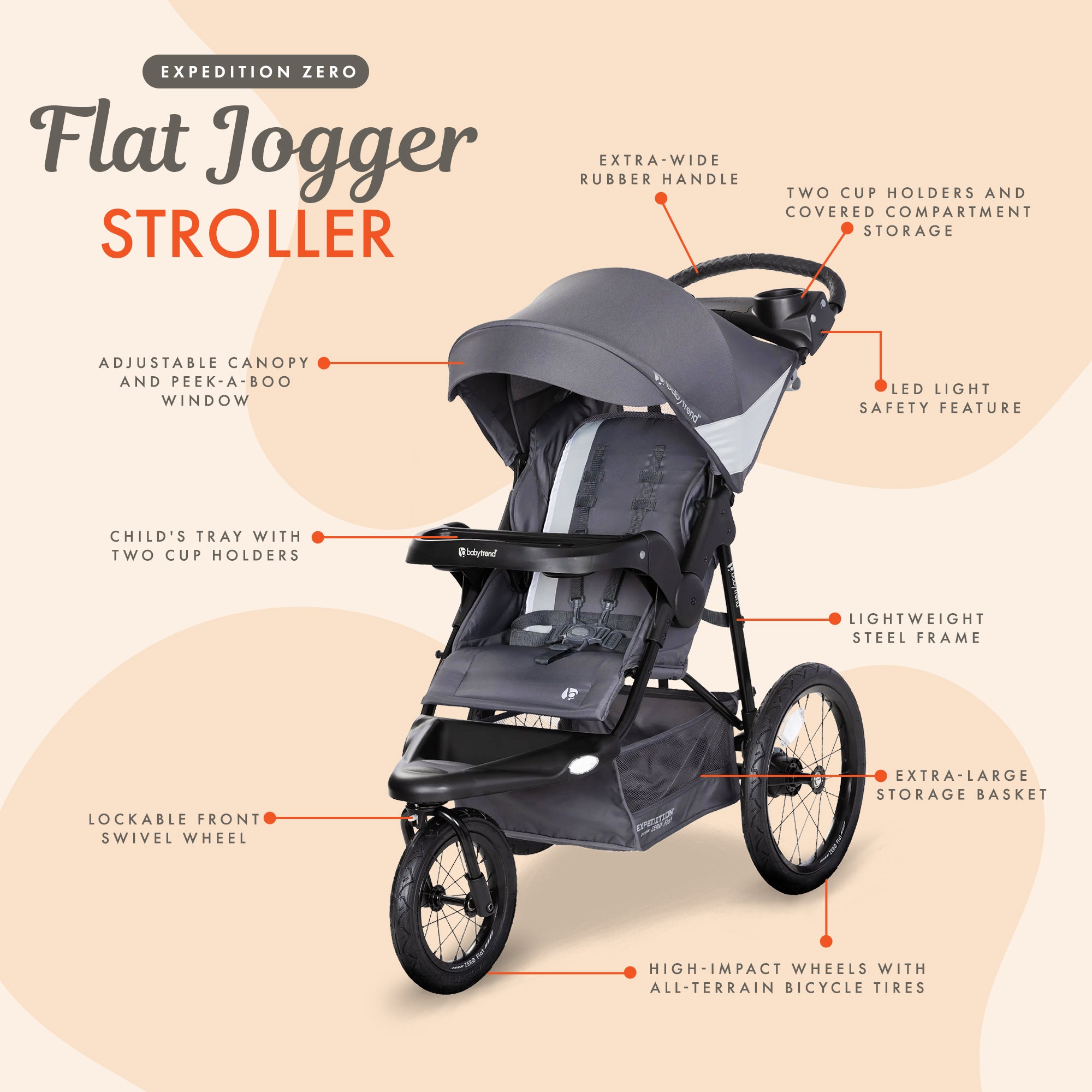 Baby Trend Zero Flat Jogger Stroller w/Canopy & LED Lights, Grey (Open Box) - VMInnovations