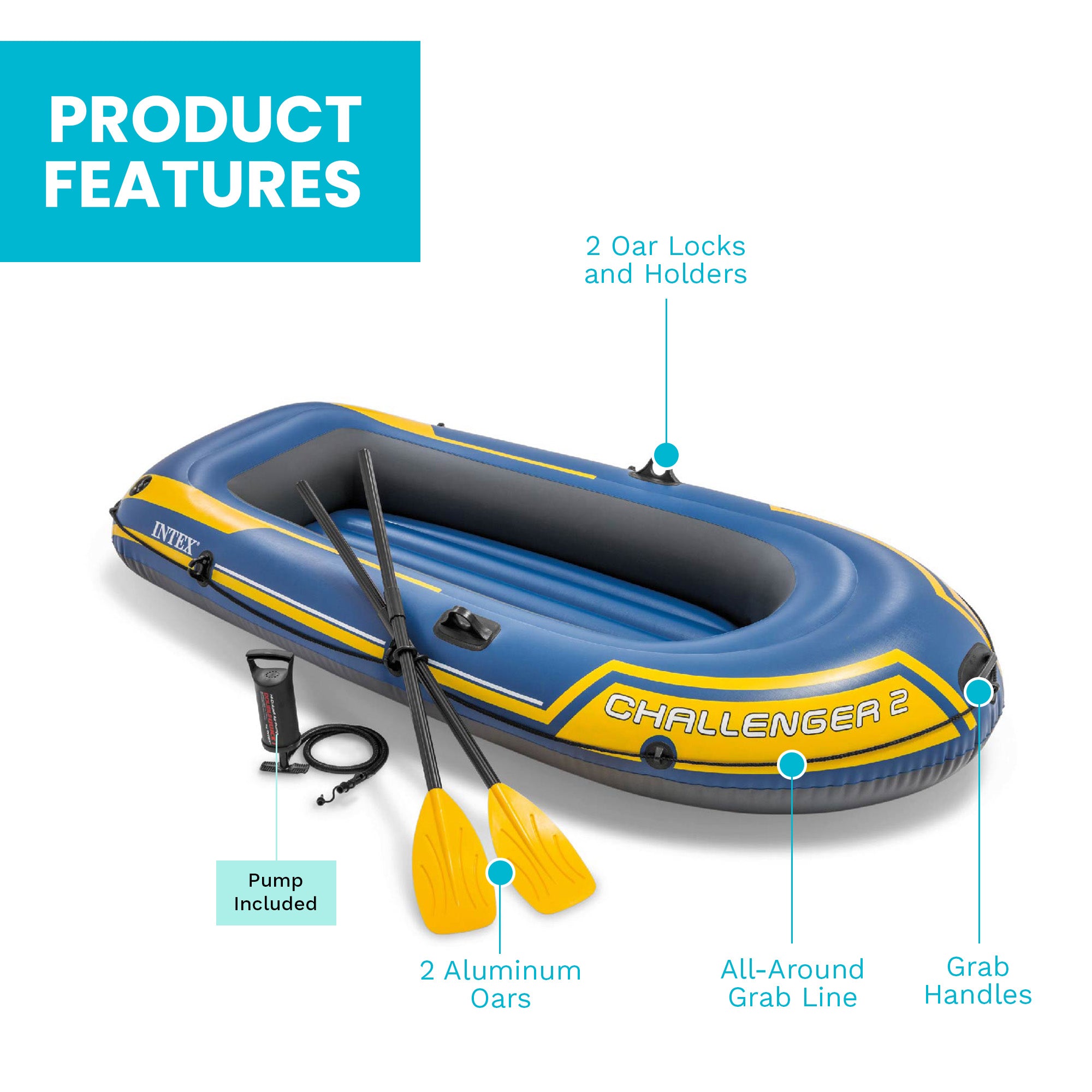Intex Challenger 2 Inflatable 2 Person Floating Boat Raft Set w/ Oars & Air Pump - VMInnovations
