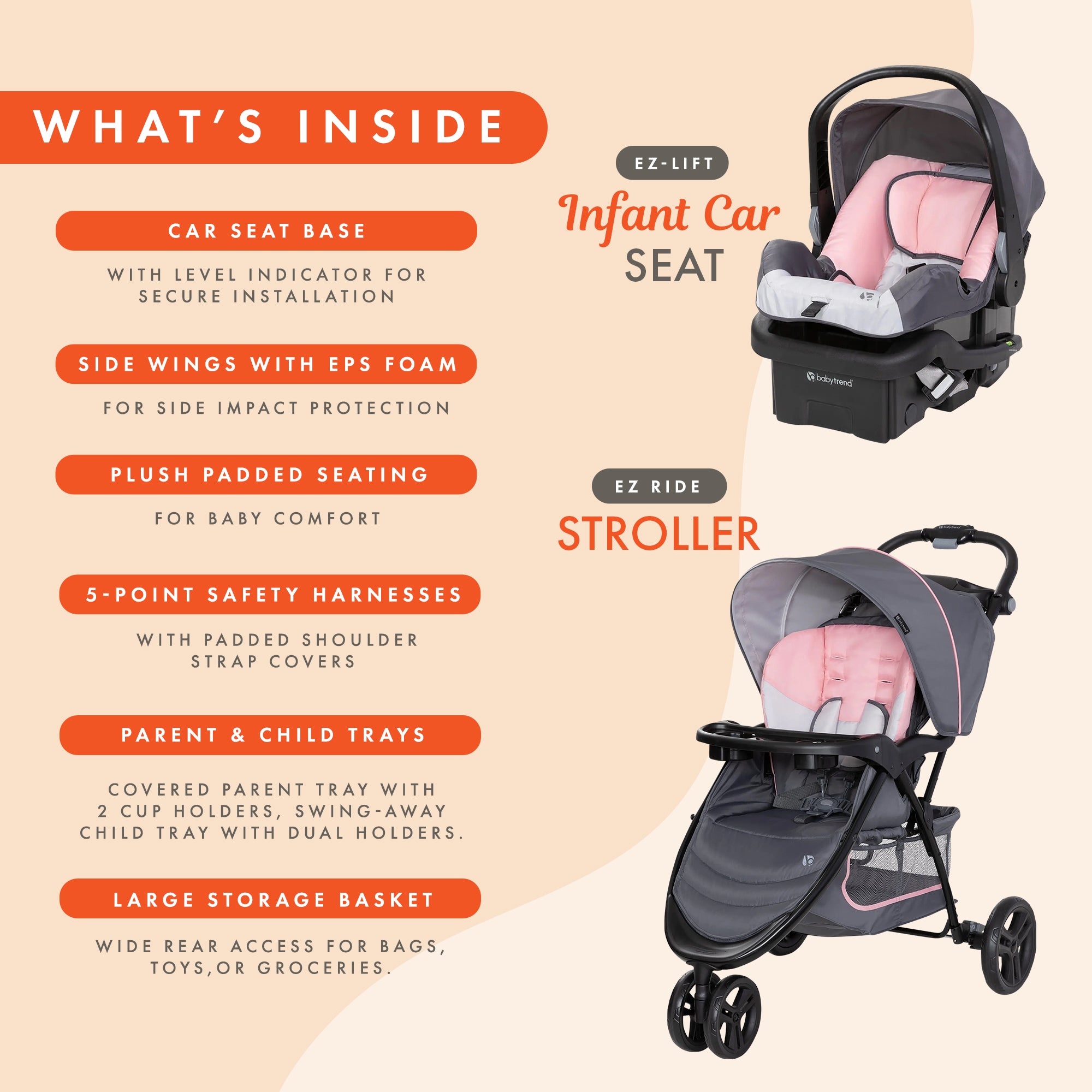 Baby Trend Stroller & EZ-Lift Infant Car Seat, EZ Ride Travel System, Dash Pink - VMInnovations