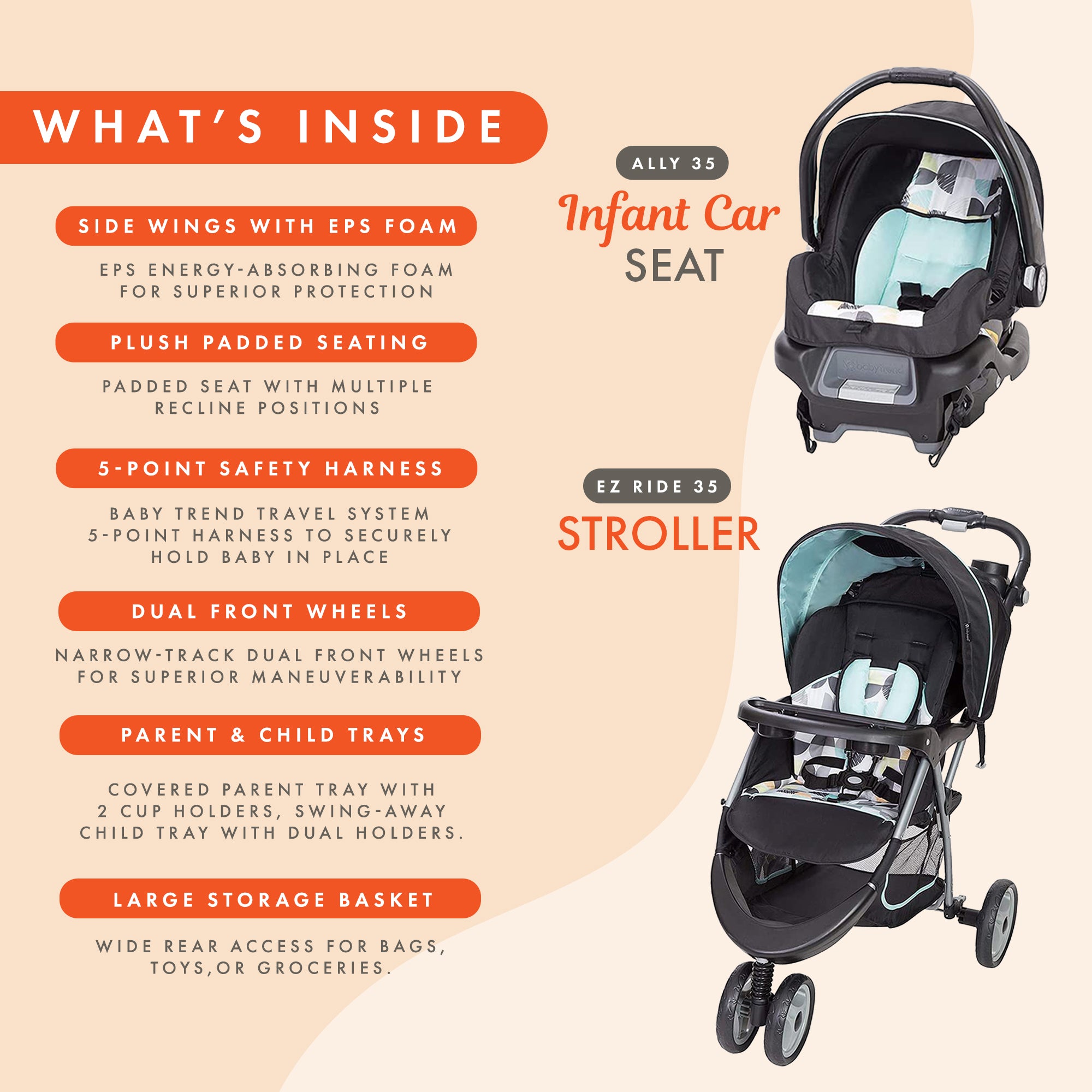 Baby Trend 35 Travel System Stroller Car Seat Combo for Baby, Dots (Open Box)