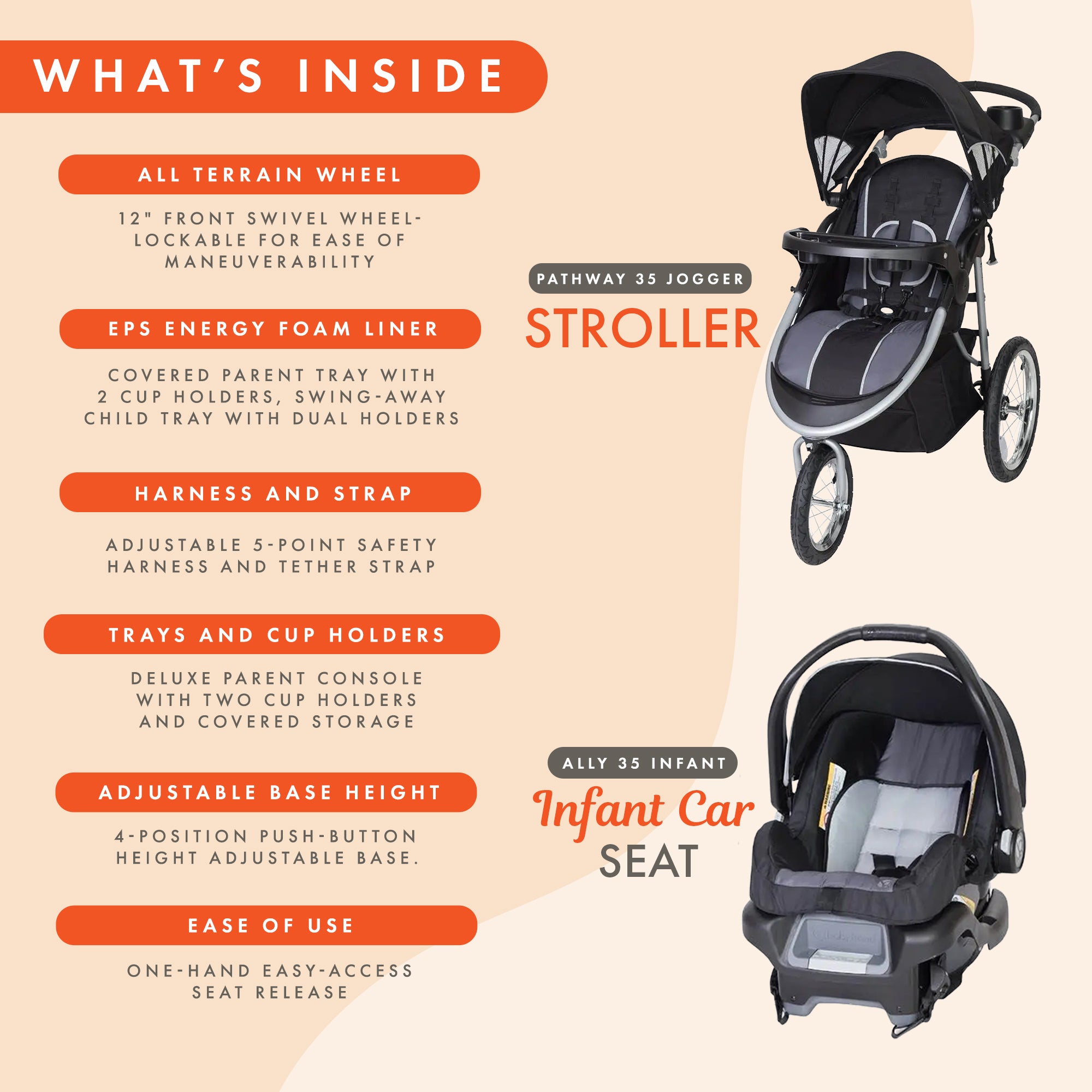 Baby Trend Travel System, Stroller and Car Seat Combo, Pathway 35 Jogger, Grey