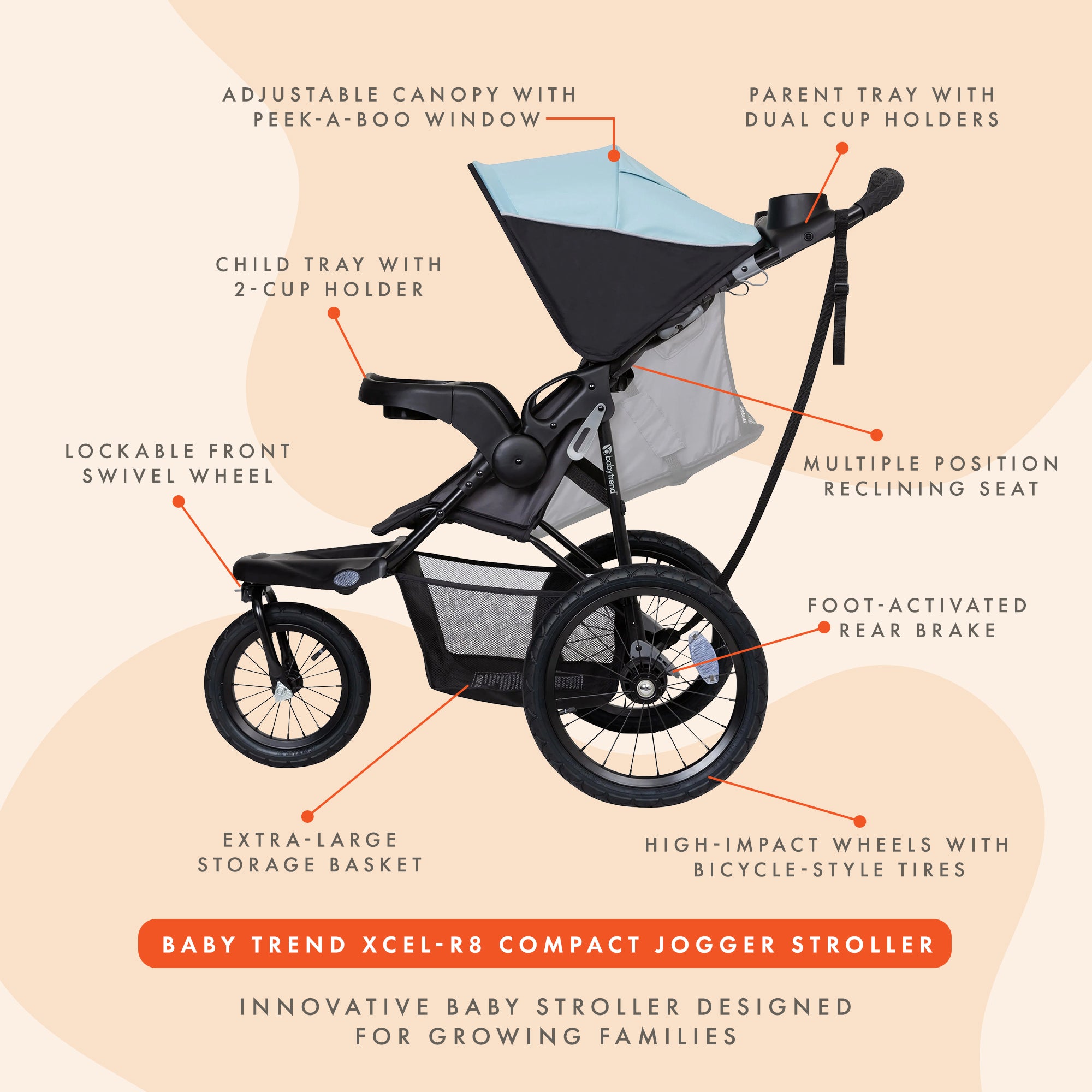 Baby Trend XCEL-R8 Compact Jogger Stroller with Reclining Seat, Desert Blue