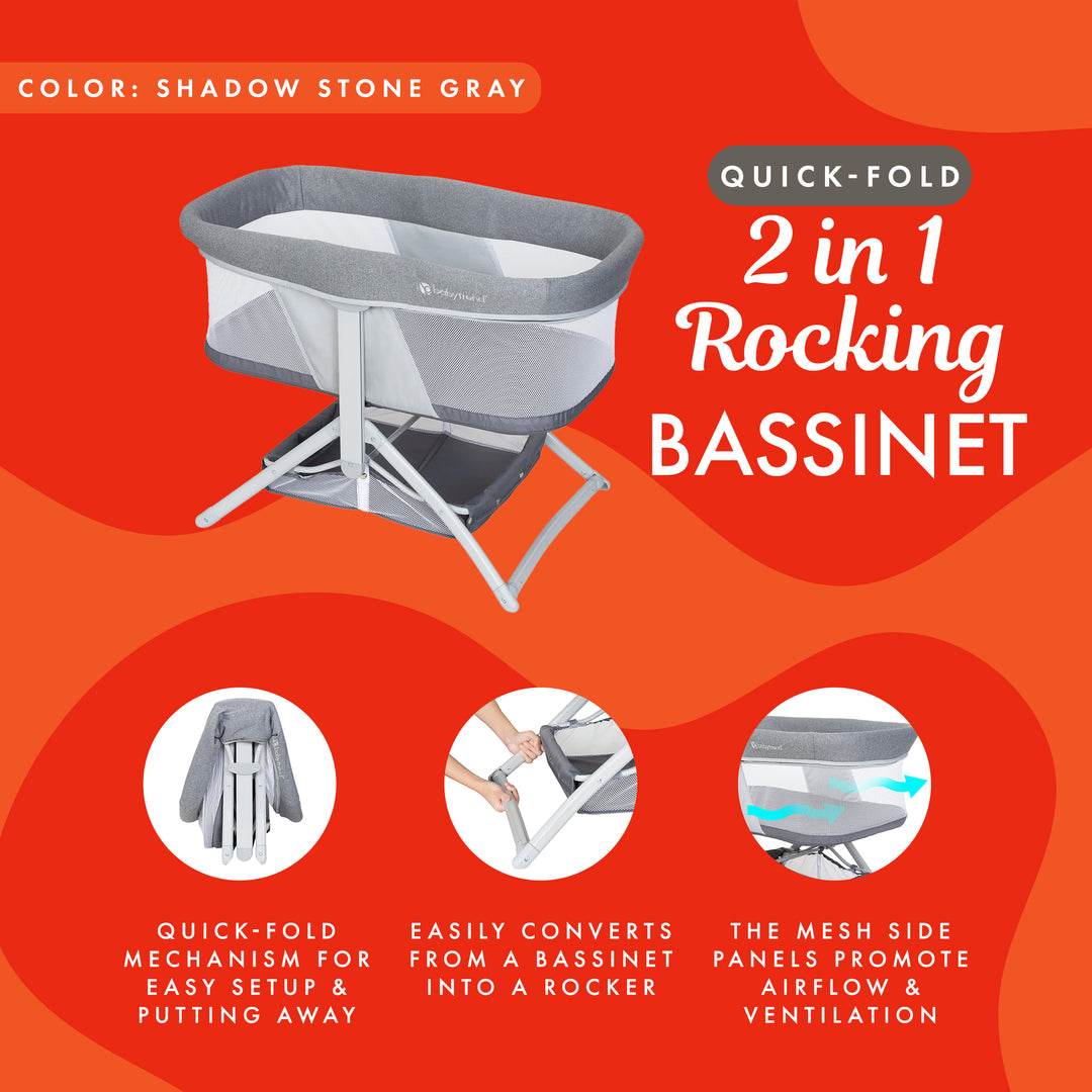 Baby Trend Quick-Fold 2-in-1 Rocking Bassinet, Portable Travel Sleeper, Gray - VMInnovations