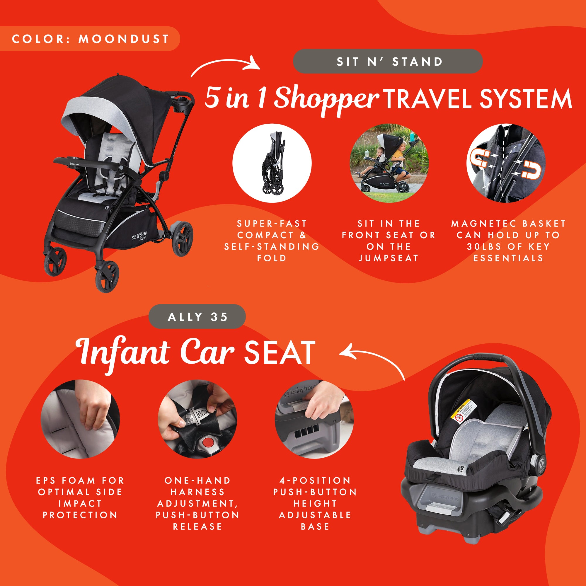 Baby Trend Sit N' Stand 5-in-1 Stroller with Ally 35 Infant Car Seat, Moondust - VMInnovations