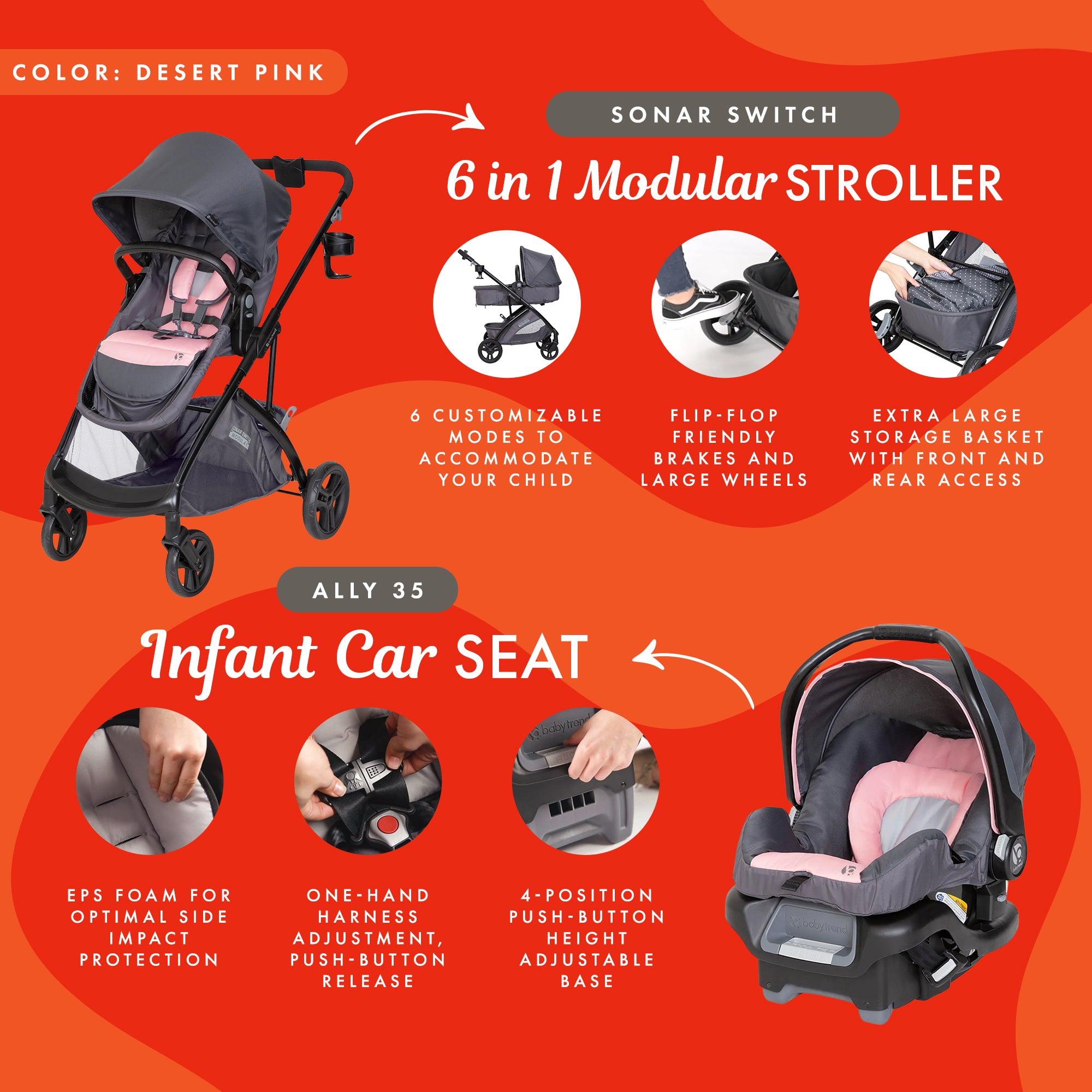 Baby Trend Modular Stroller Sonar Switch with Ally Infant Car Seat, Desert Pink - VMInnovations