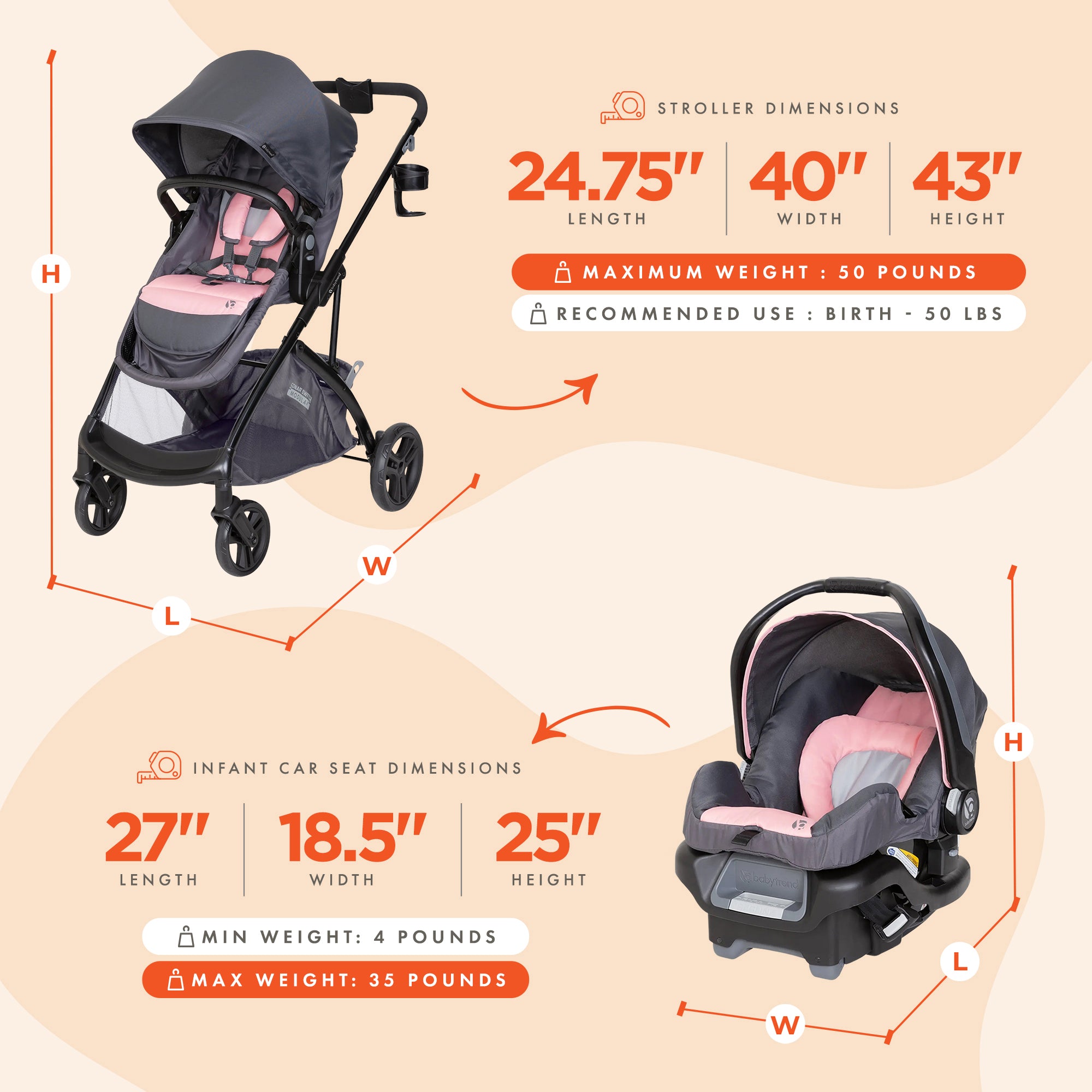 Baby Trend Modular Stroller Sonar Switch with Ally Infant Car Seat, Desert Pink - VMInnovations