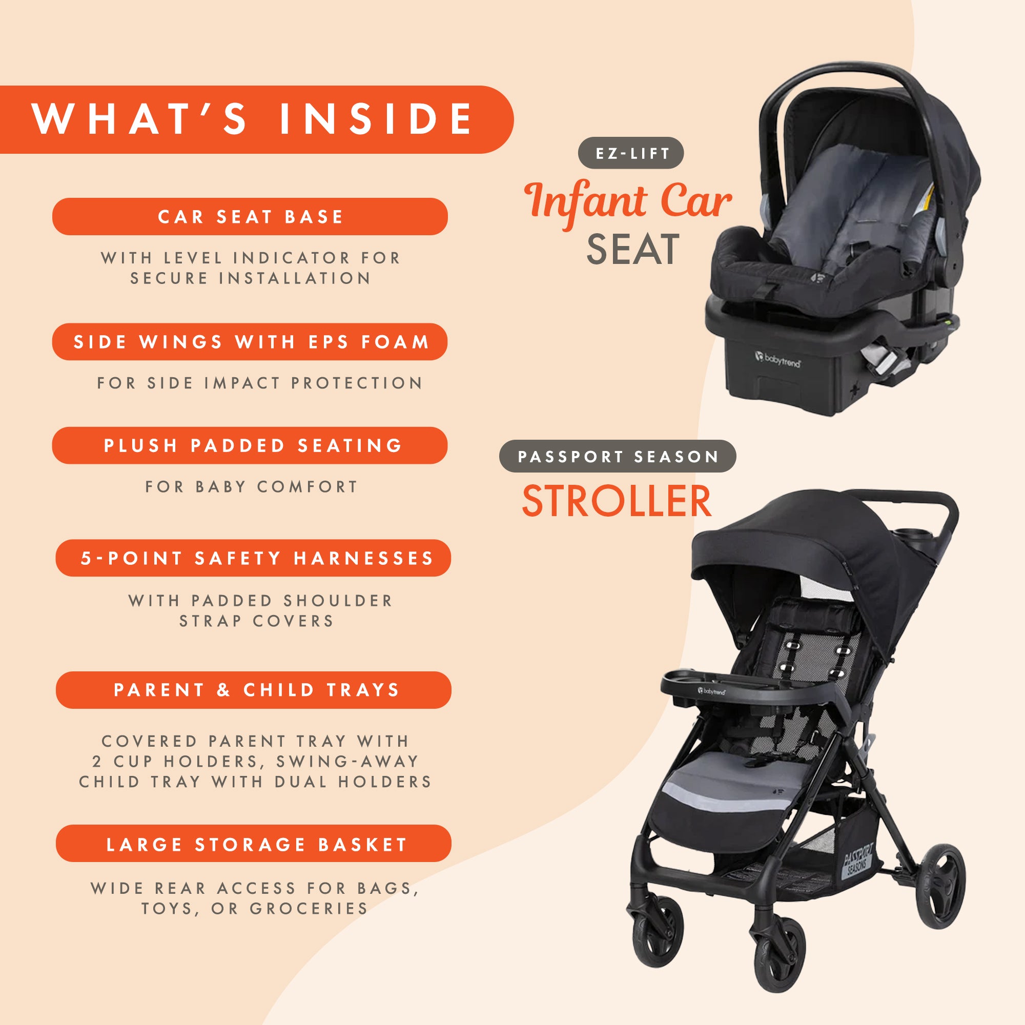 Baby Trend Passport Seasons Travel Stroller with EZ-Lift Infant Car Seat, Black