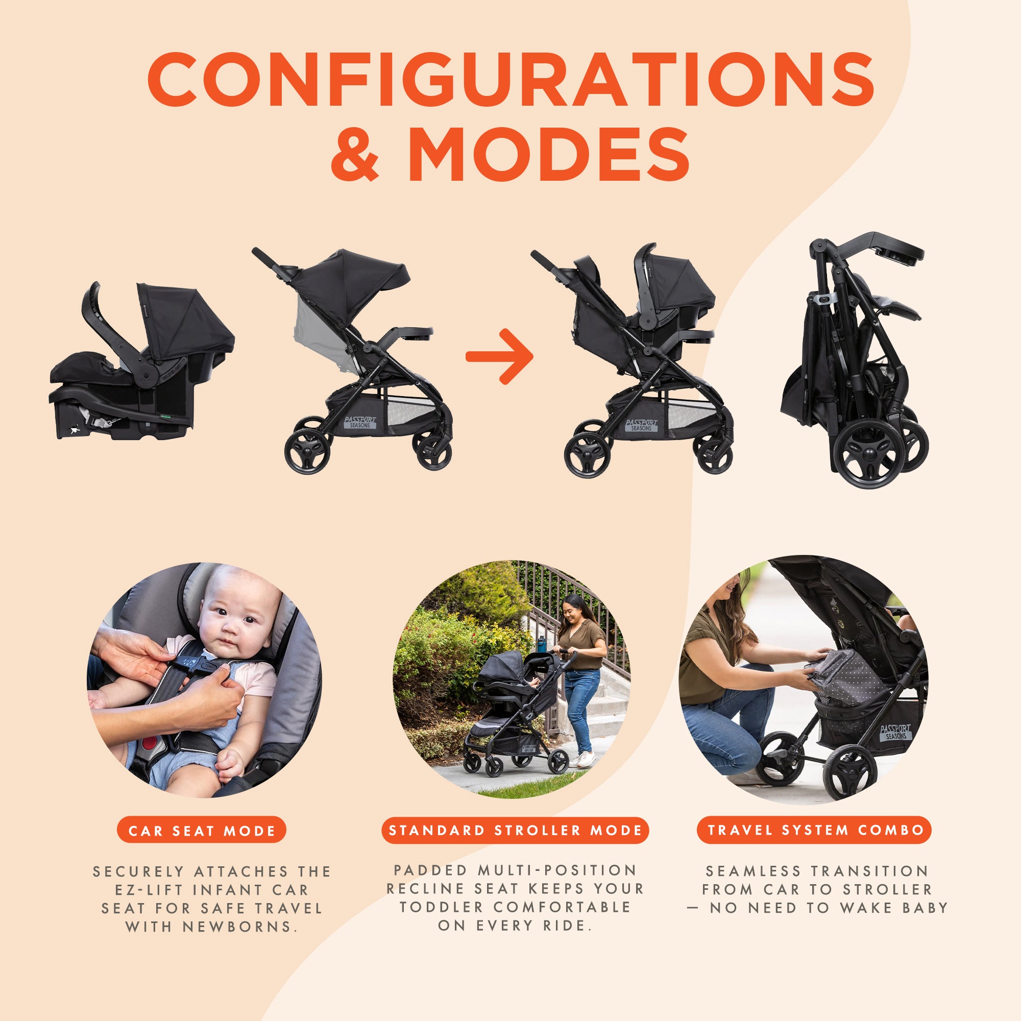 Baby Trend Passport Seasons Travel Stroller with EZ-Lift Infant Car Seat, Black - VMInnovations