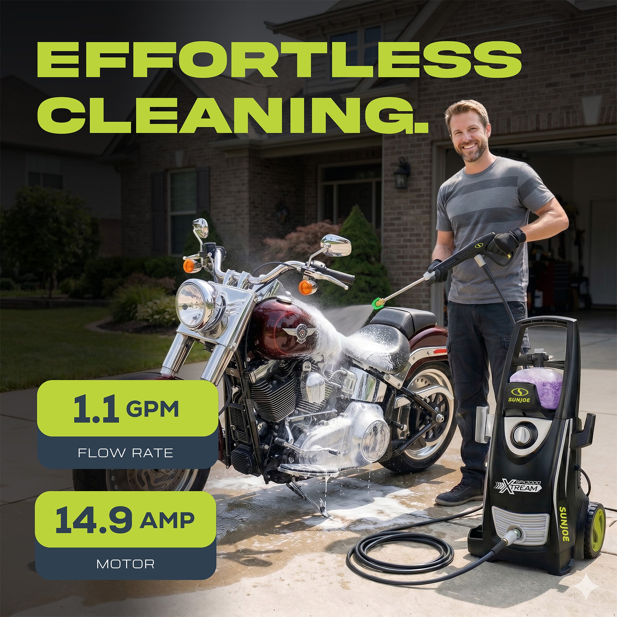 Sun Joe SPX3000-XT1 XTREAM Pressure Washer with 14.9A Motor, Includes 4 Quick-Connect Nozzles, High-Pressure Hose, Garden Hose Adapter, and 35-Foot Power Cord