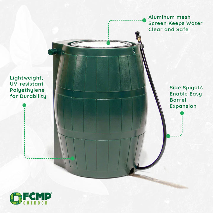 FCMP Outdoor RC4000 50 Gallon Outdoor Rain Water Catcher Barrel Container, Green - VMInnovations